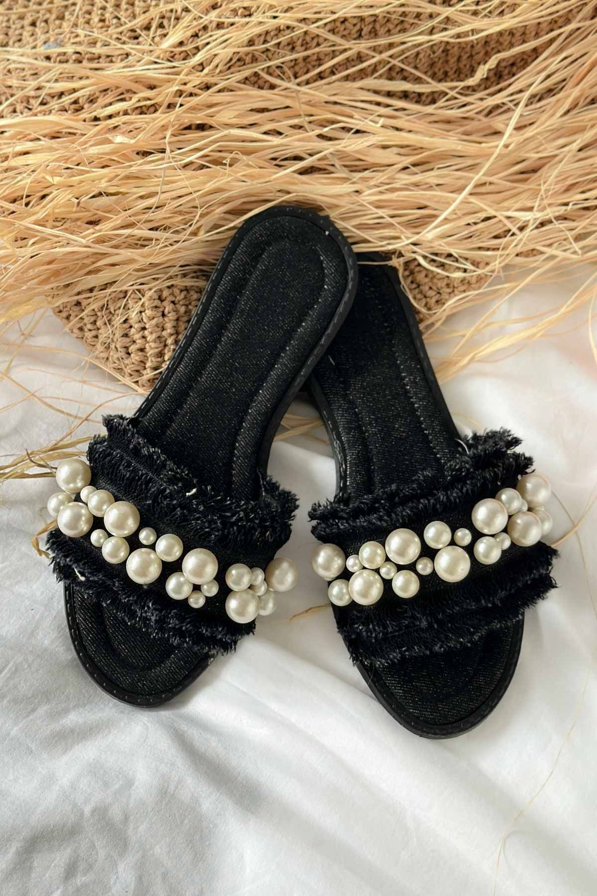 Shoebutik-Papuci de damă Mila Black Denim Pearl Detail 3