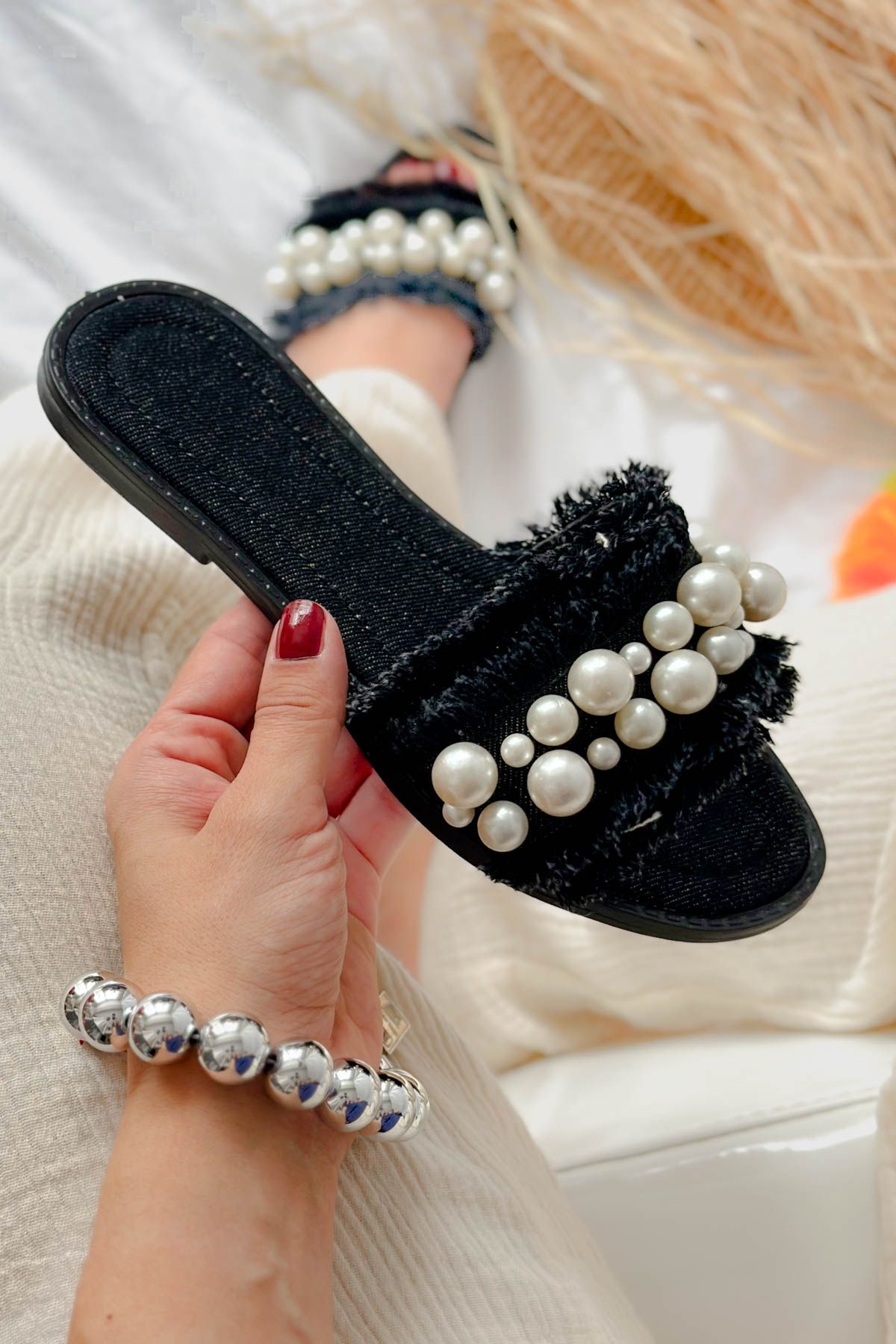 Shoebutik-Papuci de damă Mila Black Denim Pearl Detail 4