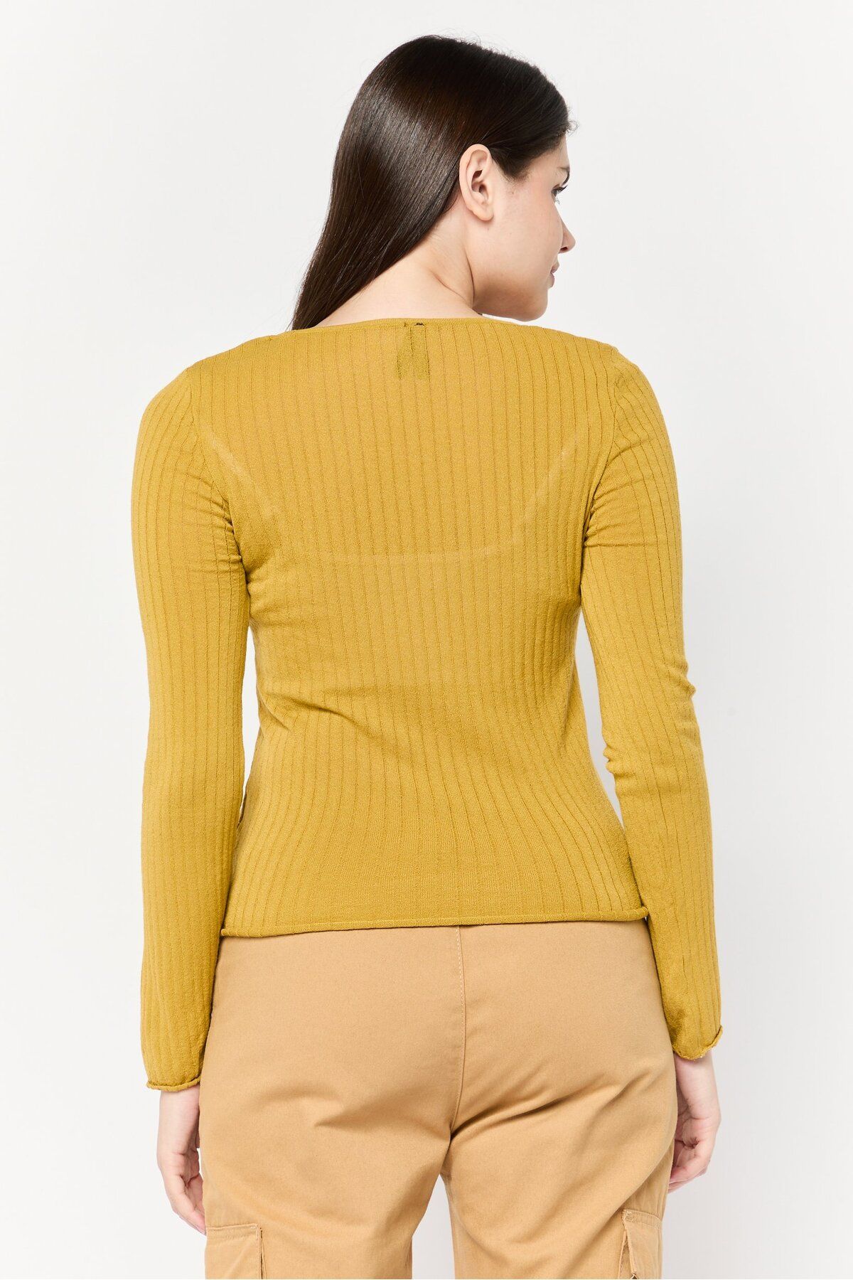 DeFacto-Women U-Neck Long Sleeve Rib Knit Blouse, Gold 2