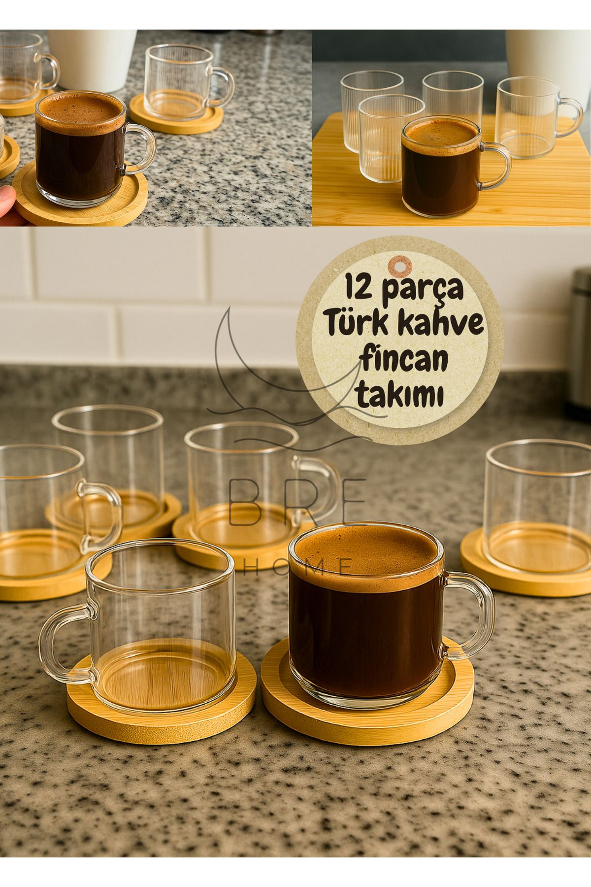 6 Kişilik 12 Parça Bambu Tabaklı Türk Kahve Fincan Takımı Seti 100 ml