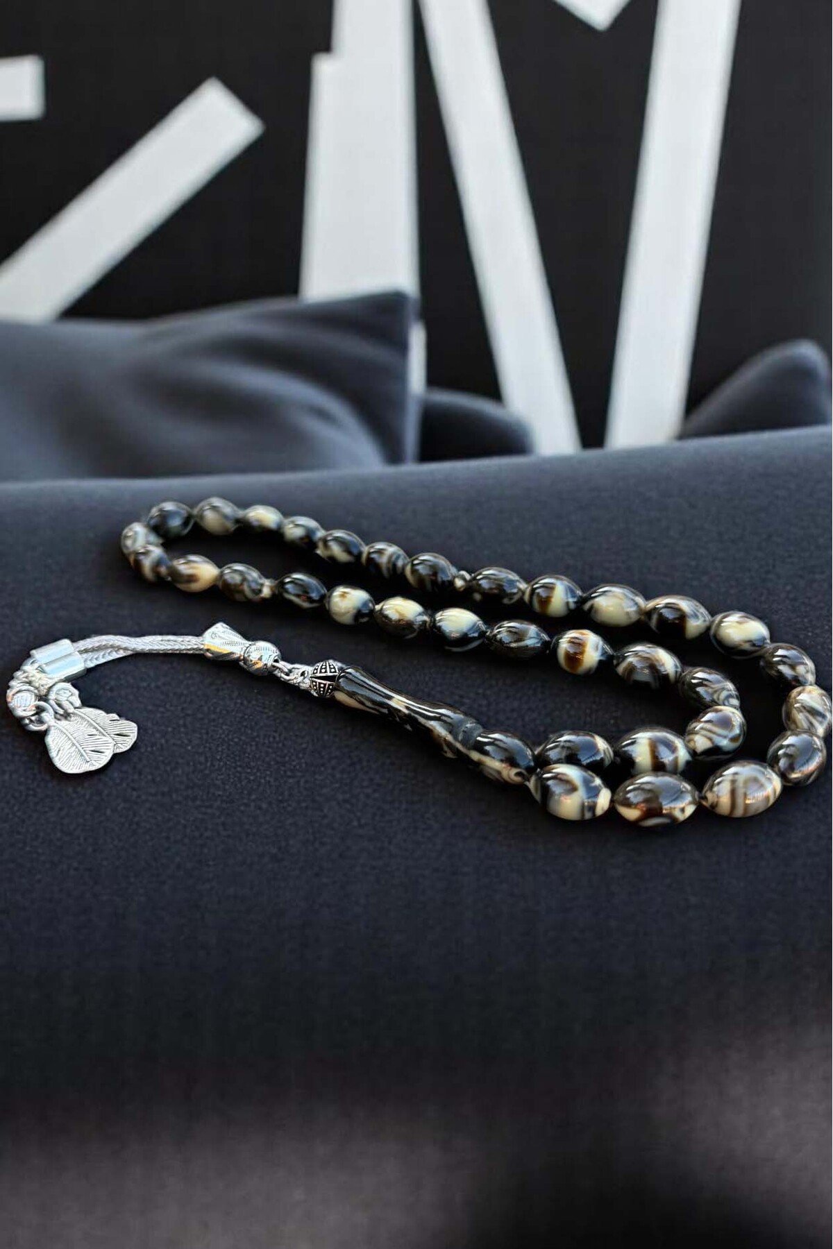 Men's Black White Beirut Drip Amber Rosary Silver Plated Fringed