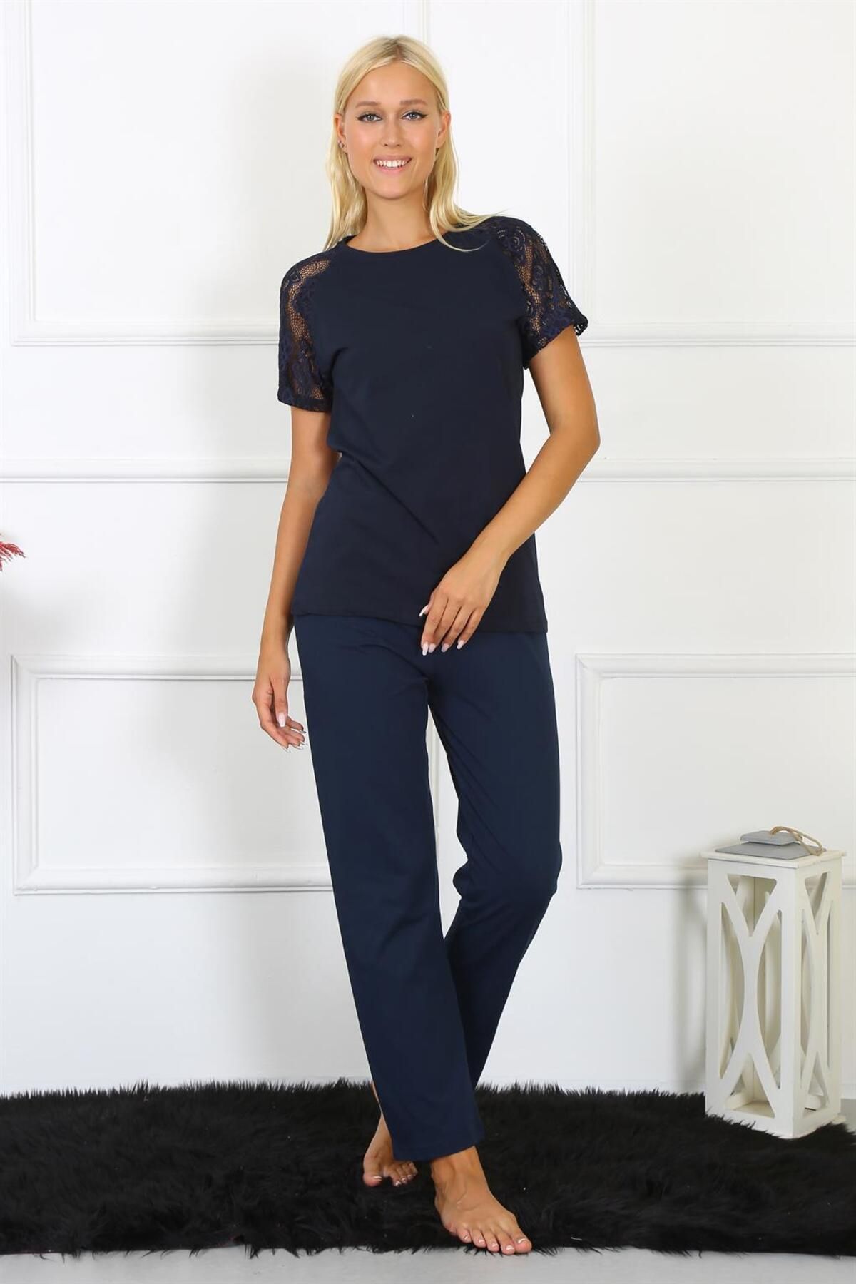 Fashi10 Kadın Kolu Dantelli Penye Pijama Takım 4150