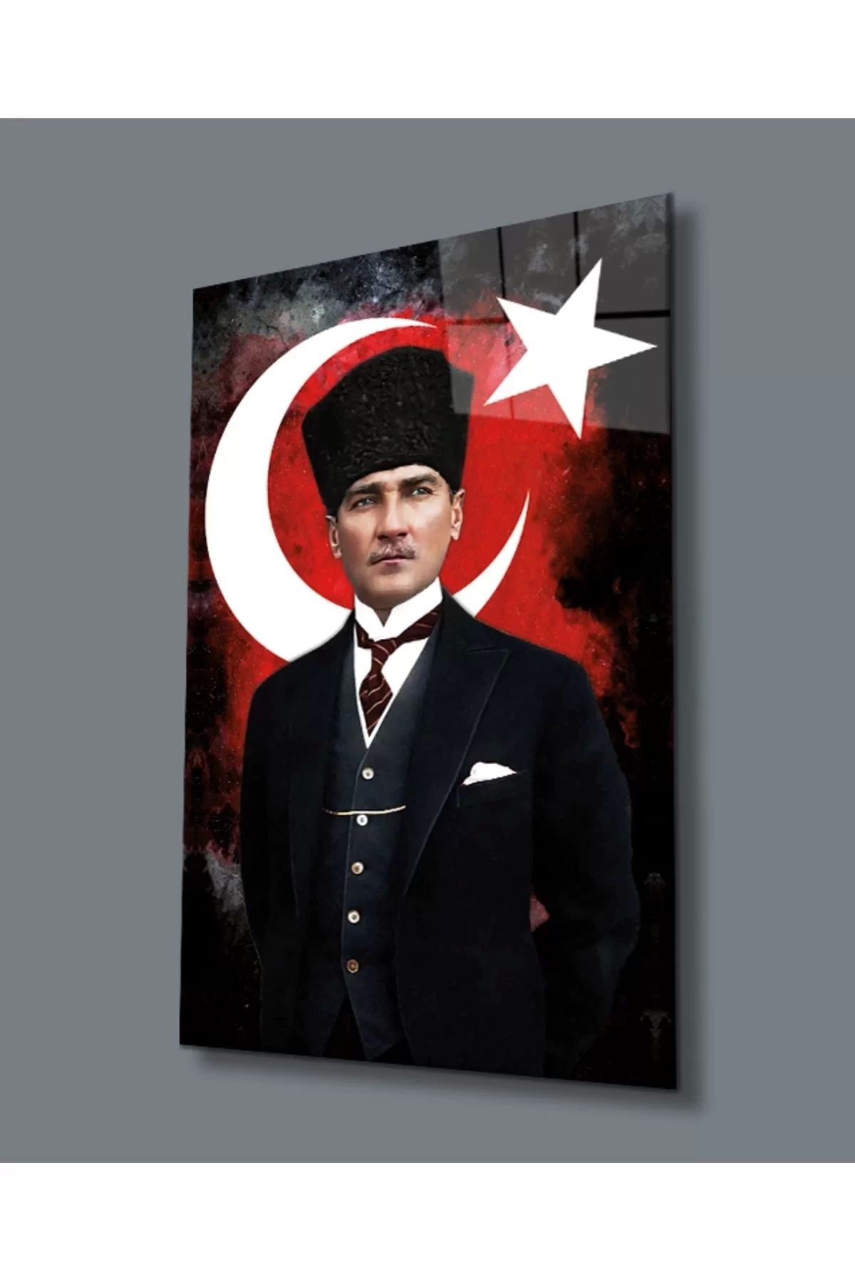 ÖYKÜ VE YİĞİT Atatürk Ve Türk Bayrağı Uv Baskılı Cam Tablo, Ev Ve Ofis Duvar Dekoru Hediyelik