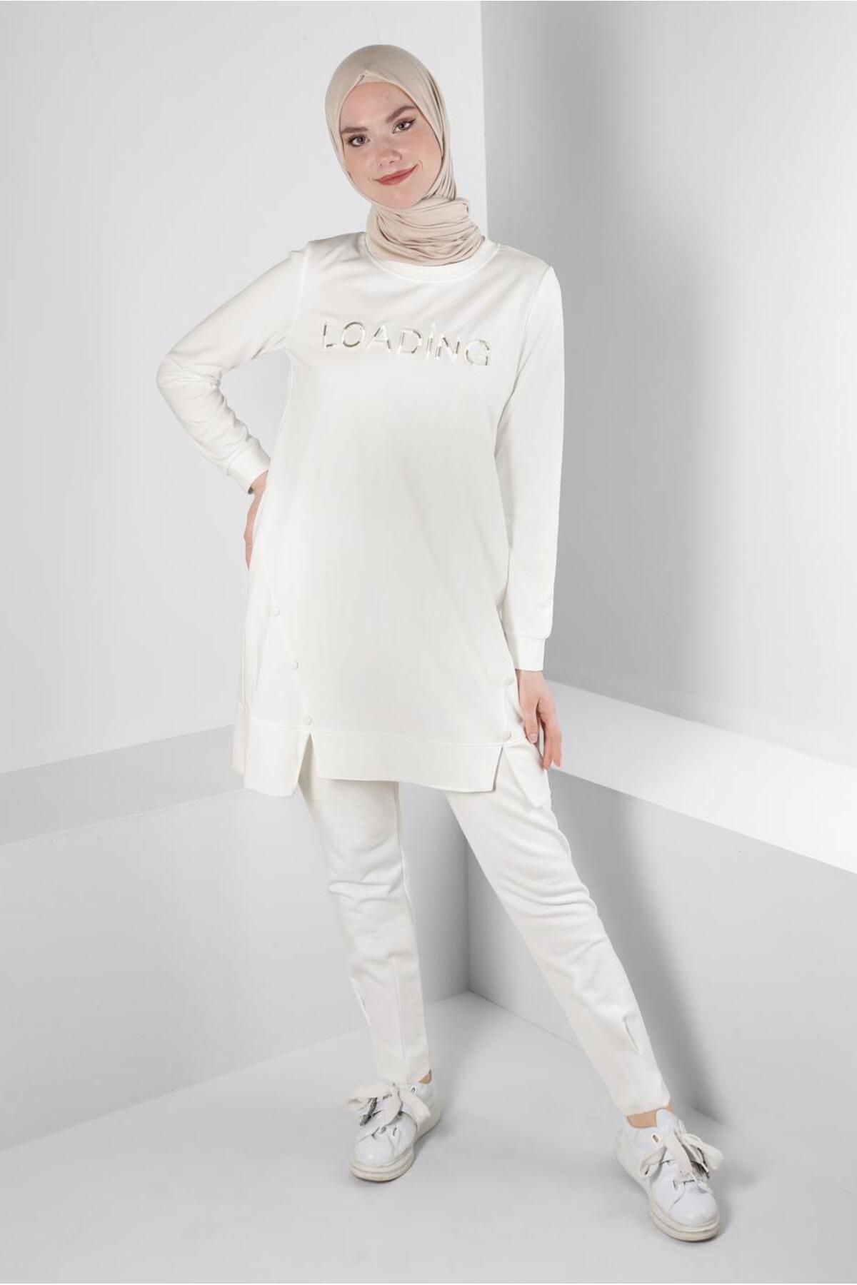 TEXT Printed Button Detail تونیک لباس ورزشی 43348 Alvina