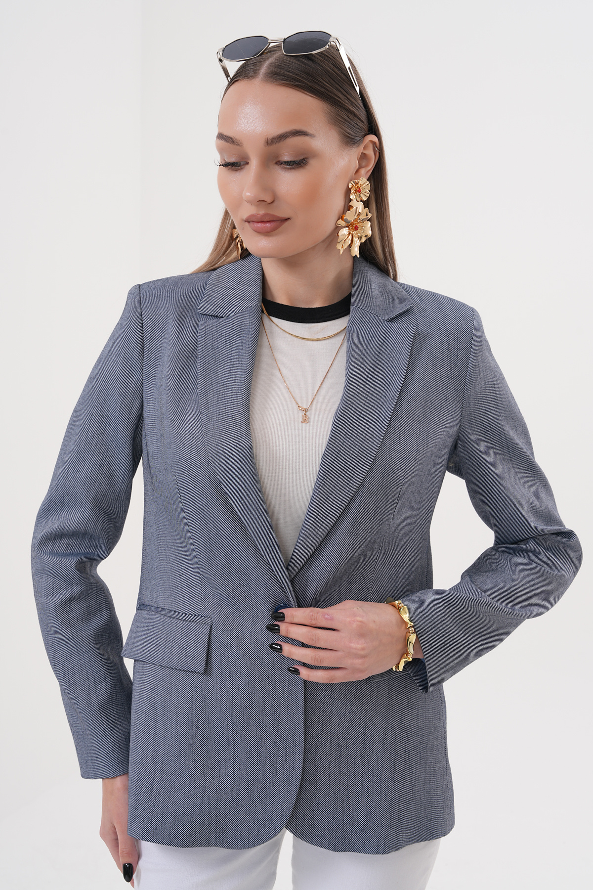 nisya-Women's Dark Striped Blue Jacket with Pocket Detail 4