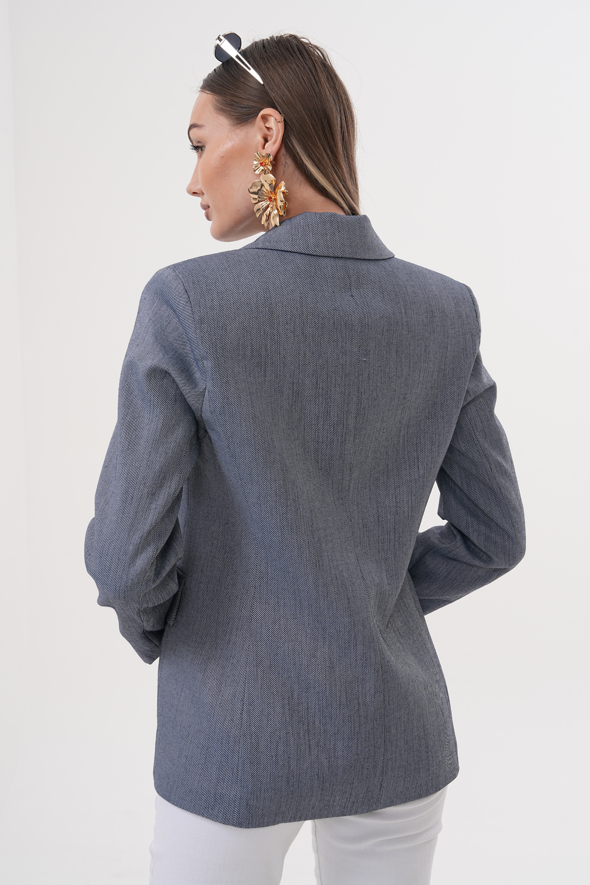 nisya-Women's Dark Striped Blue Jacket with Pocket Detail 2
