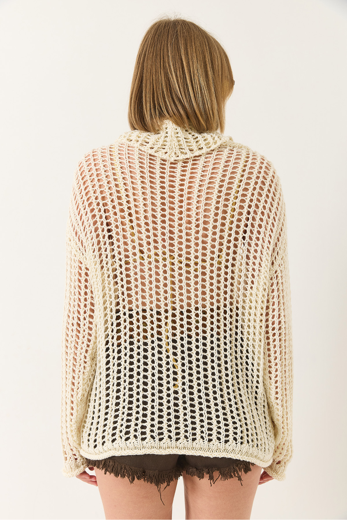 Bianco Lucci-Women's Collared Oversize Long Sleeve Openwork Blouse 20251029 7