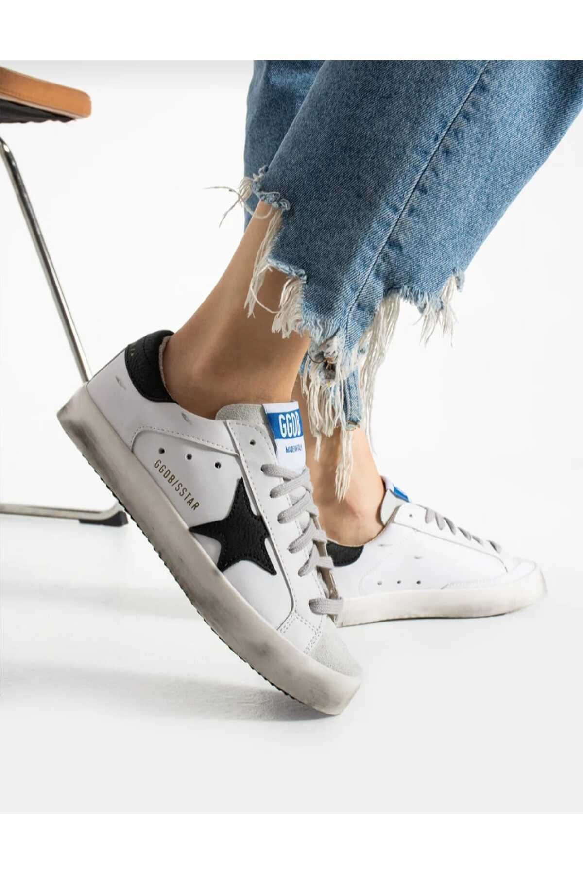 TubiBella Siyah Yıldız Desenli Beyaz Kadın Sneaker Spor Ayakkabı