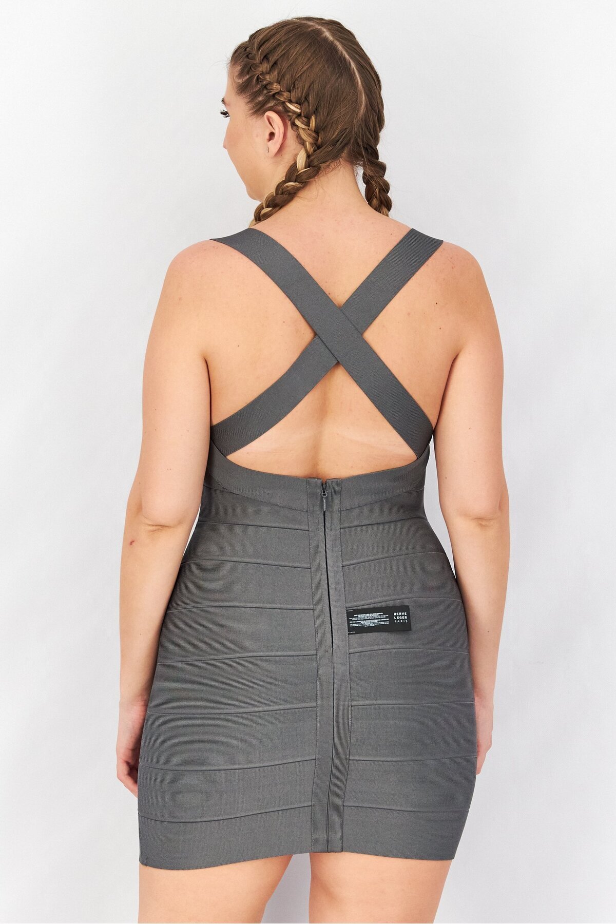 Herve Leger-Women Cross Back Textured Mini Dress, Grey 4
