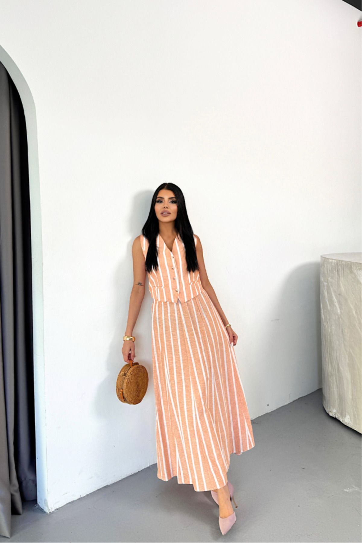 velmorafashion KETEN ÇİZGİLİ YELEK - UZUN ETEK TAKIM - Orange