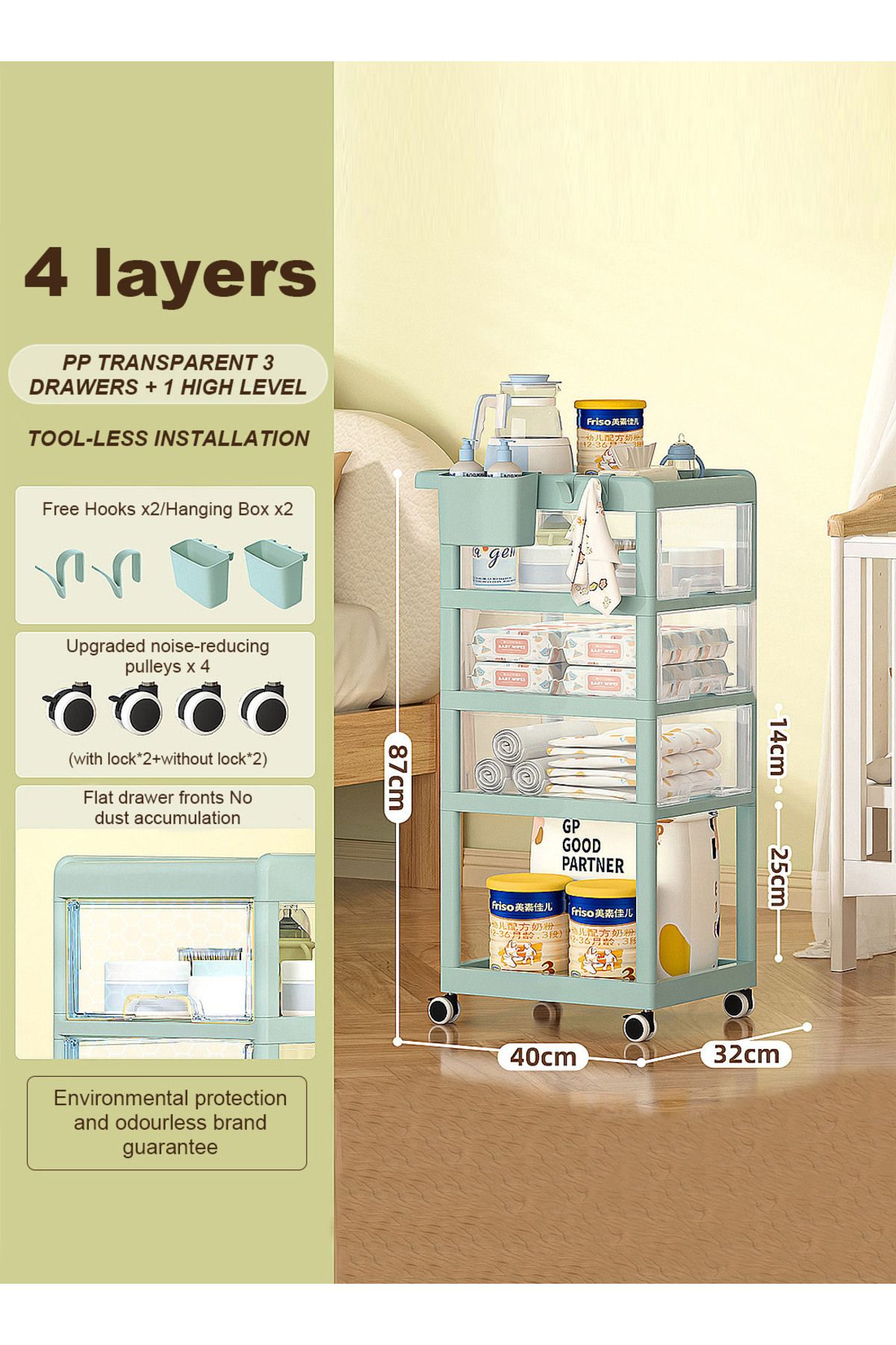 Yeya-Multifunctional Baby Trolley Storage Shelf For Supplies, Movable Four-Drawers Shelves 6