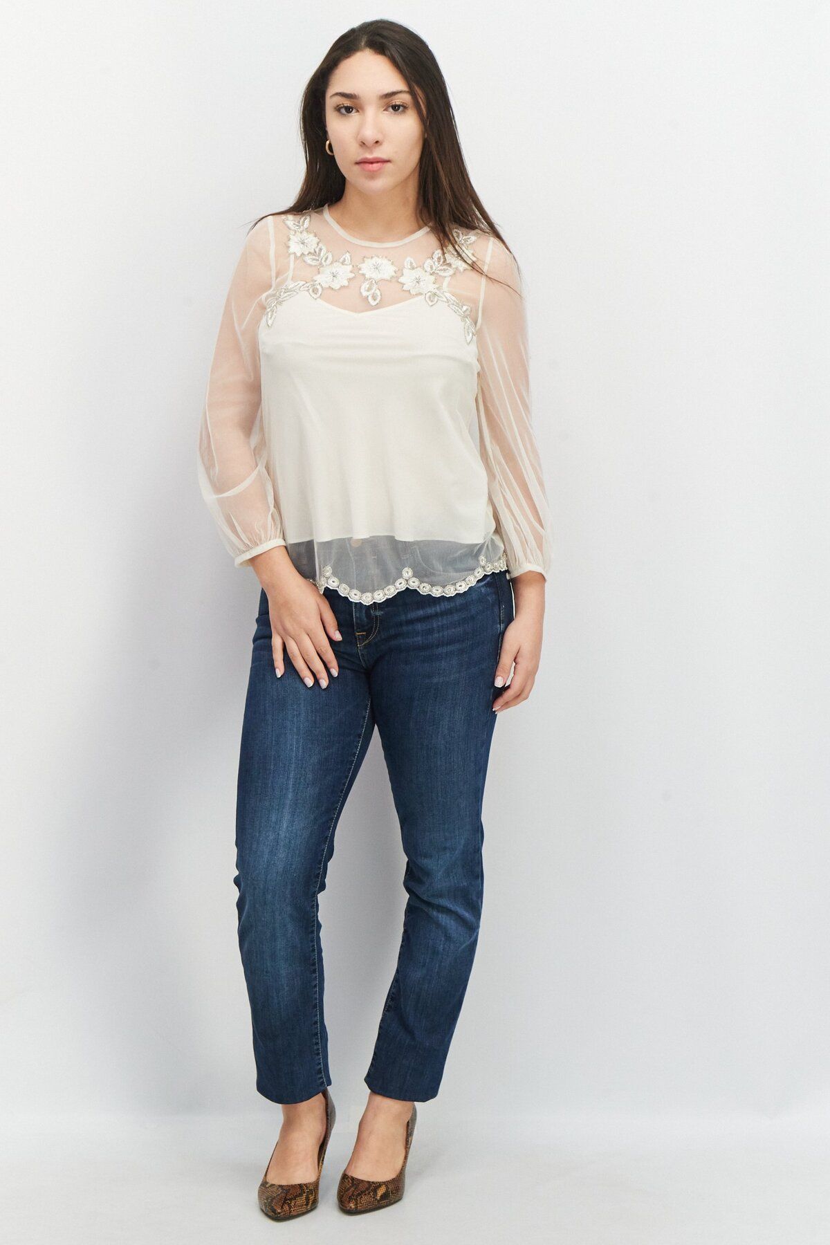 French Connection-Women Crew Neck Long Sleeve Textured Top, Classic Cream 4