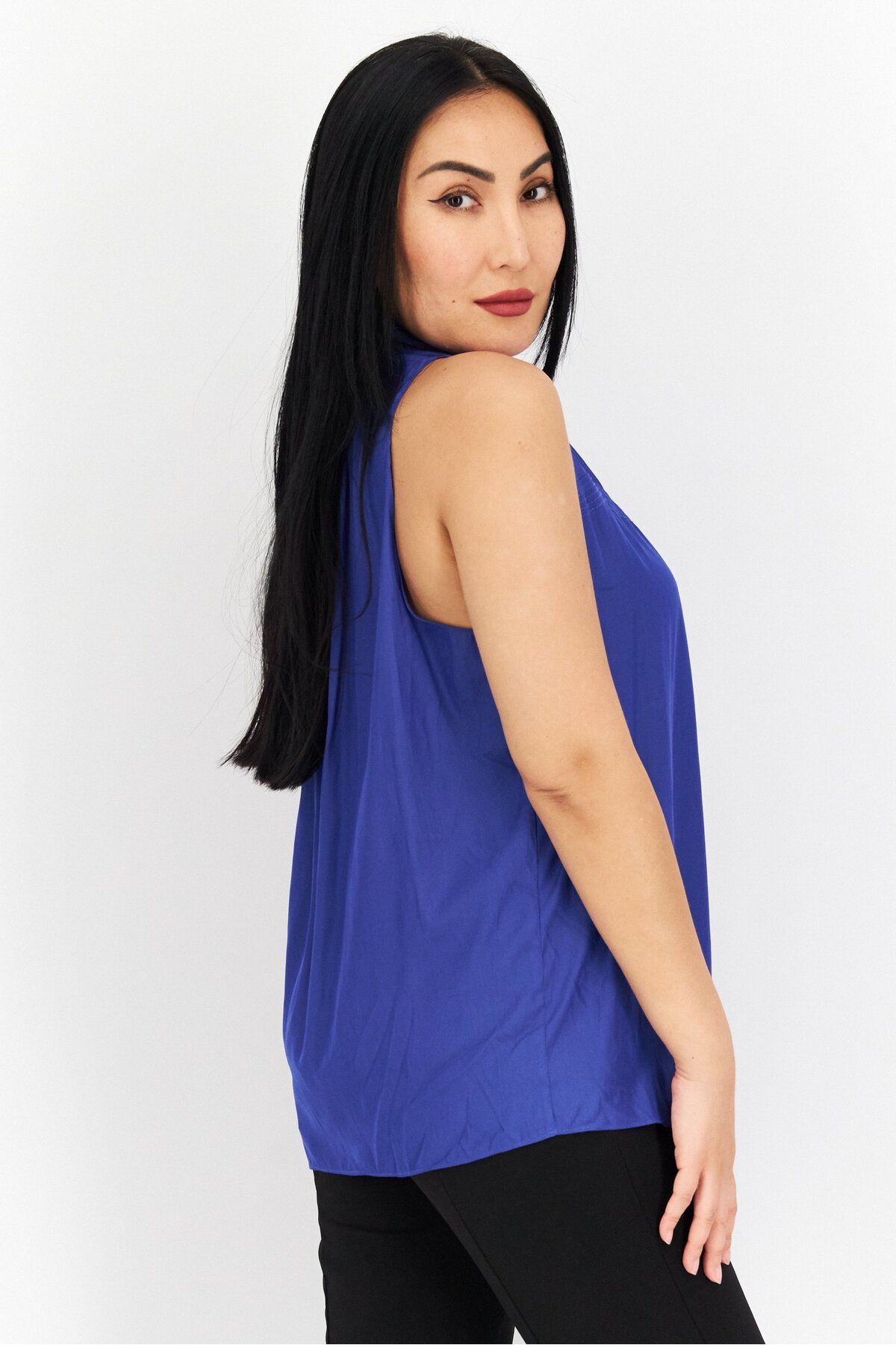 Ramy Brook-Women Mock Neck Sleeveless Plain Top, Blue 3