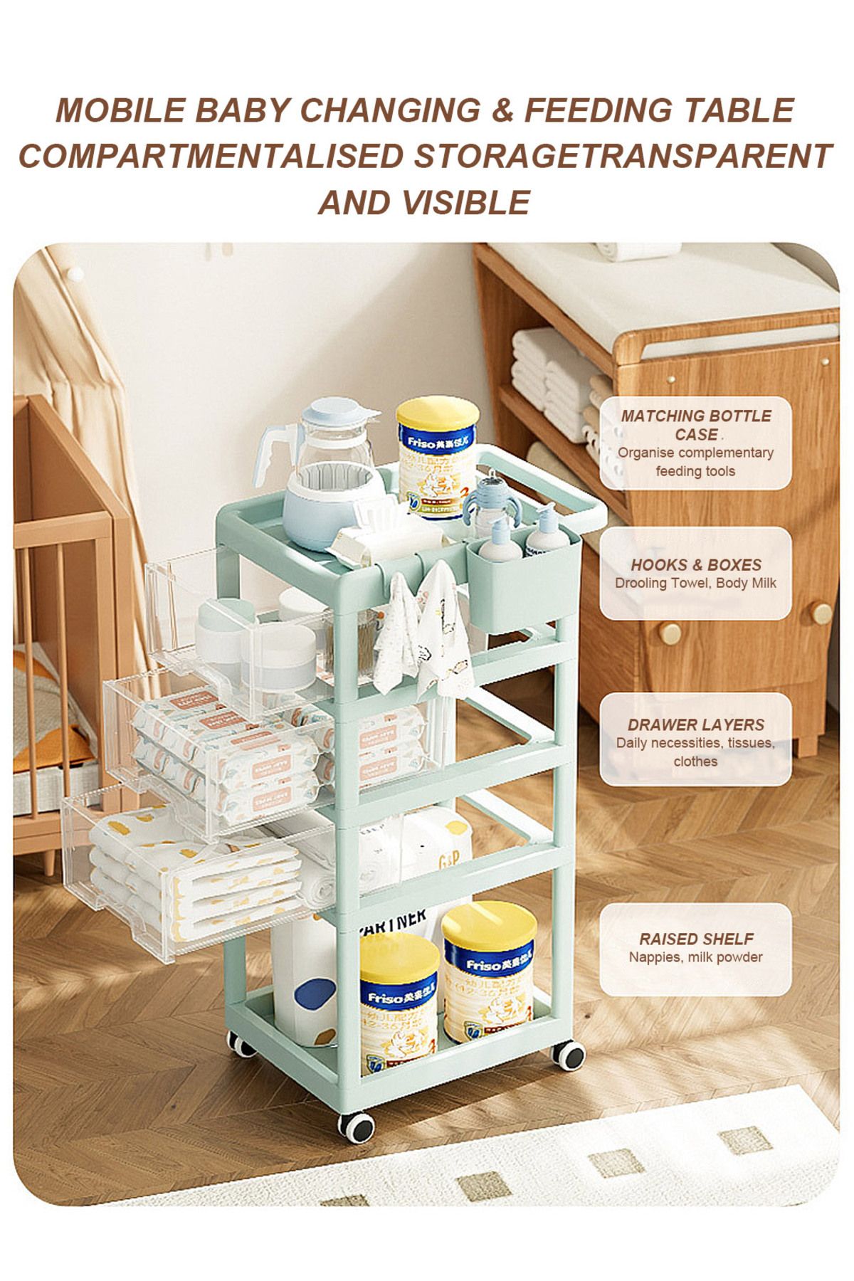 Yeya-Multifunctional Baby Trolley Storage Shelf For Supplies, Movable Four-Drawers Shelves 3