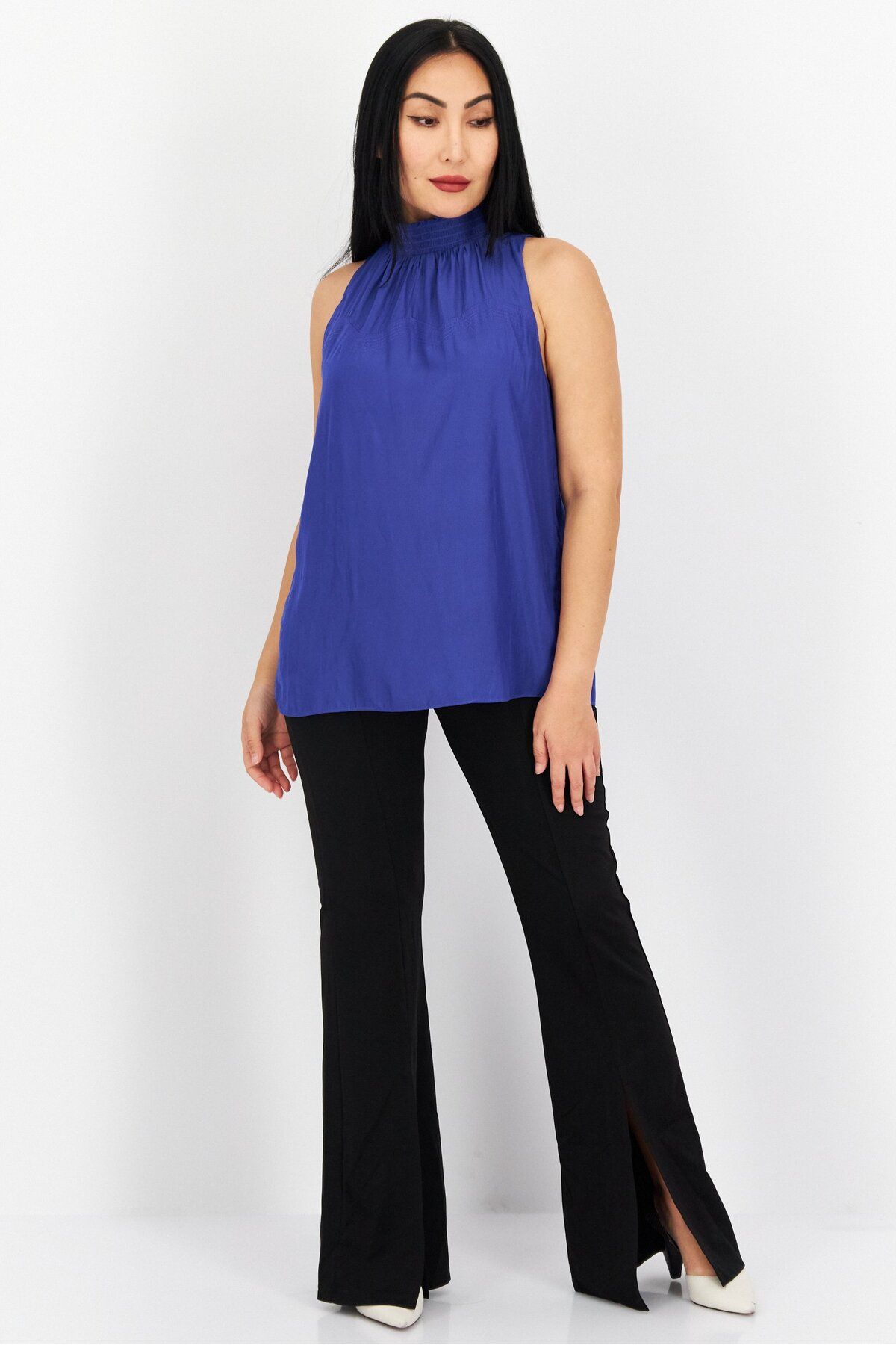 Ramy Brook-Women Mock Neck Sleeveless Plain Top, Blue 4
