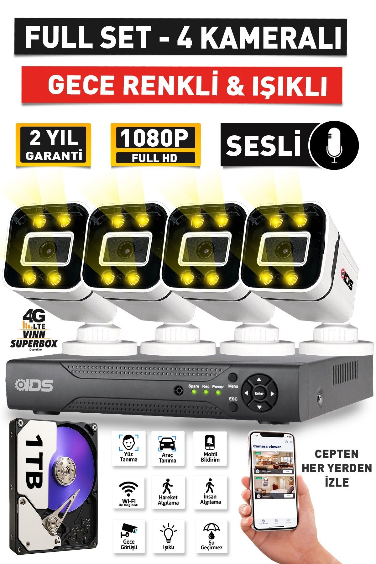 IDS SESLİ - 4 KAMERALI FULLHD GECE RENKLİ VE IŞIKLI GÜVENLİK KAMERASI - KAMERA SETİ 1TB DİSK