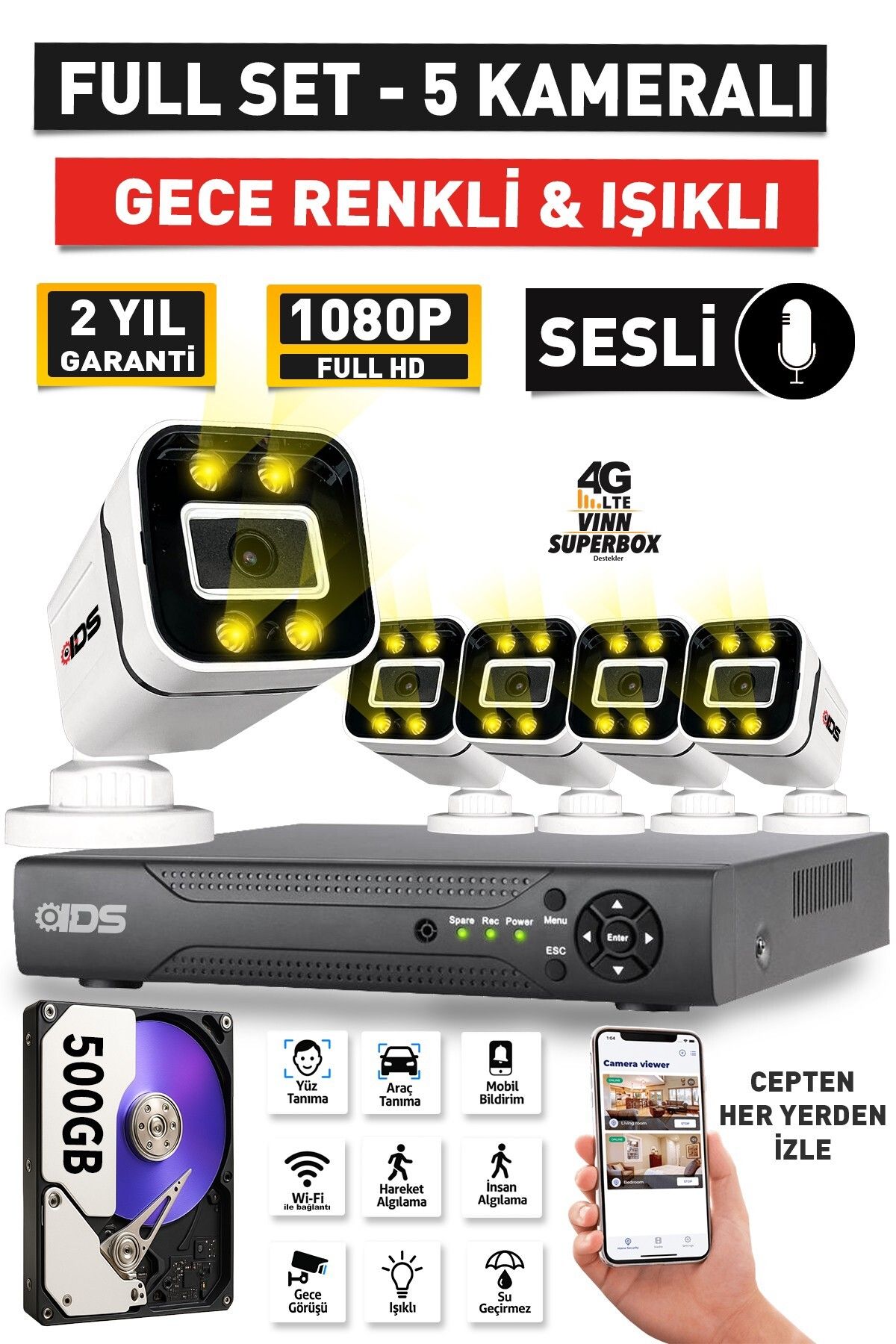 IDS SESLİ - 5 KAMERALI FULLHD GECE RENKLİ VE IŞIKLI GÜVENLİK KAMERASI - KAMERA SETİ 500GB DİSK
