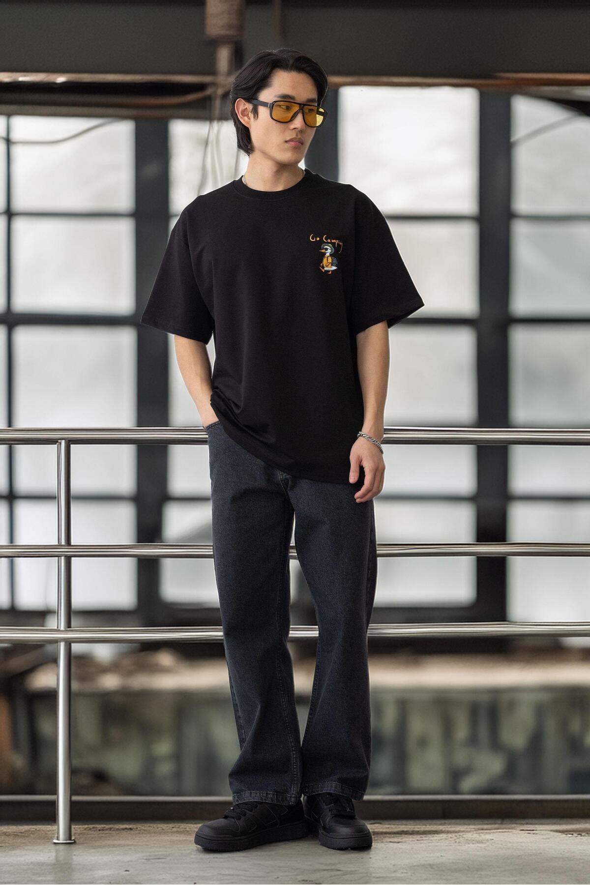 Valiberta-Pocket Printed Two Thread Fabric Cotton Oversize Men's T-Shirt - Black 8