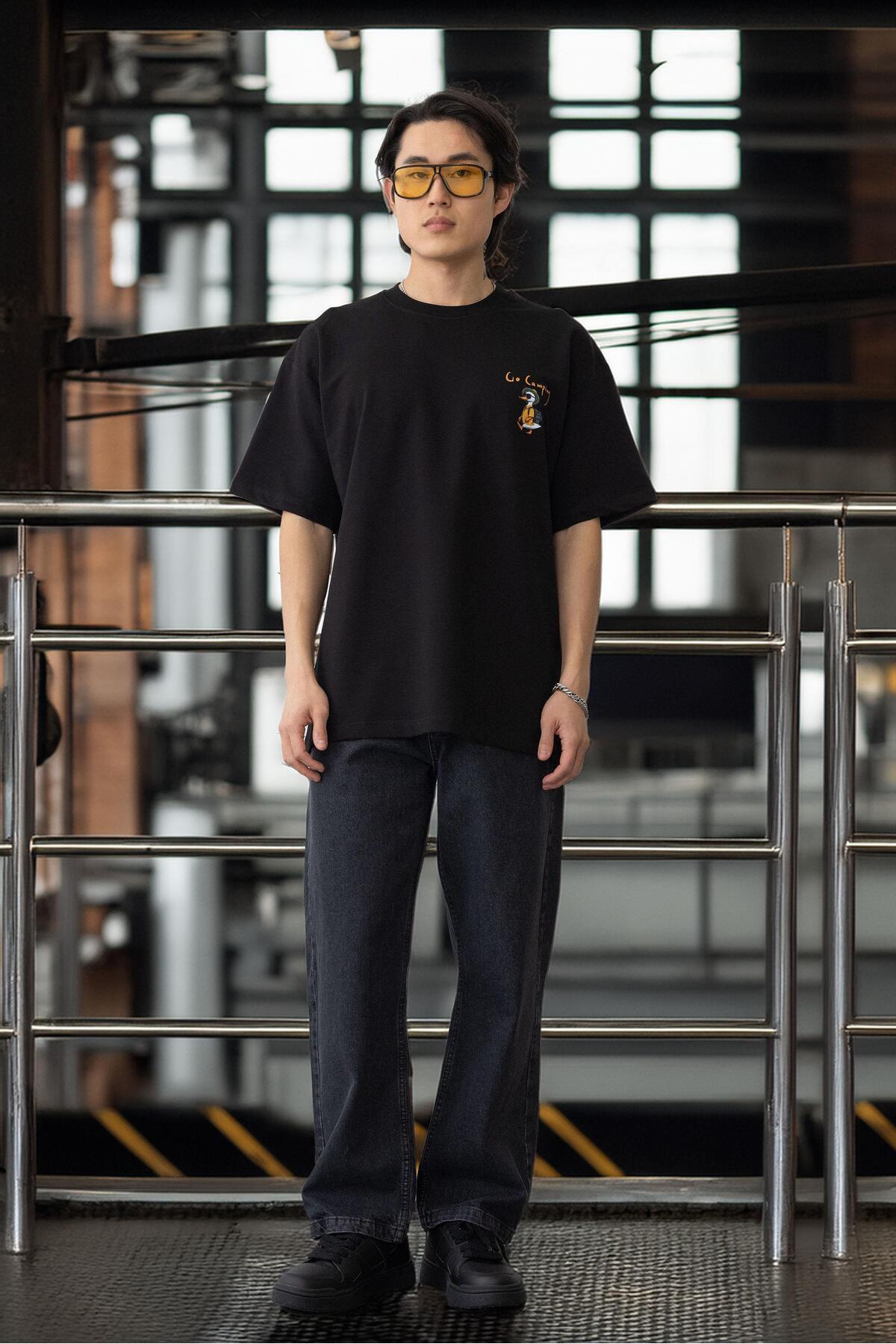 Valiberta-Pocket Printed Two Thread Fabric Cotton Oversize Men's T-Shirt - Black 3