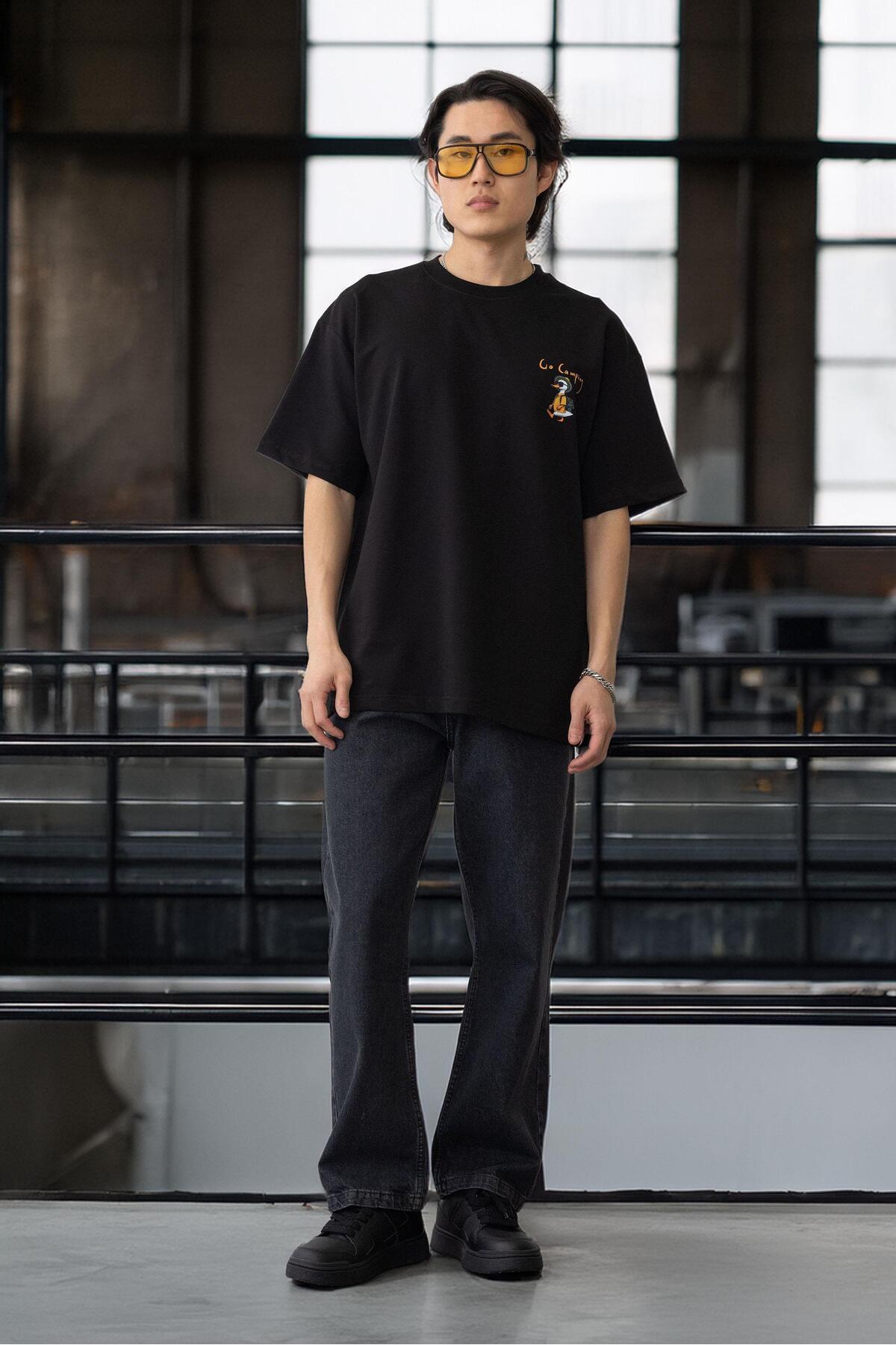 Valiberta-Pocket Printed Two Thread Fabric Cotton Oversize Men's T-Shirt - Black 6