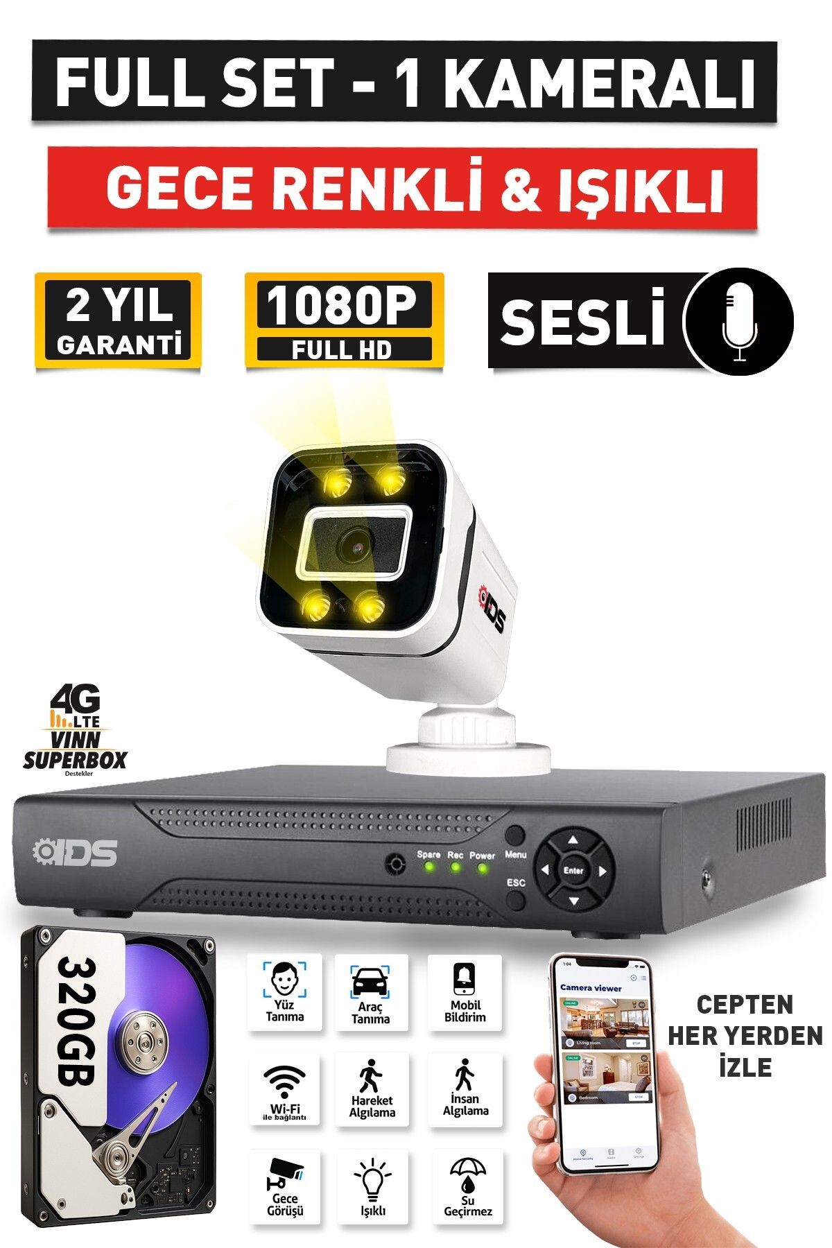 IDS SESLİ - 1 KAMERALI FULLHD GECE RENKLİ VE IŞIKLI GÜVENLİK KAMERASI - KAMERA SETİ 320GB DİSK