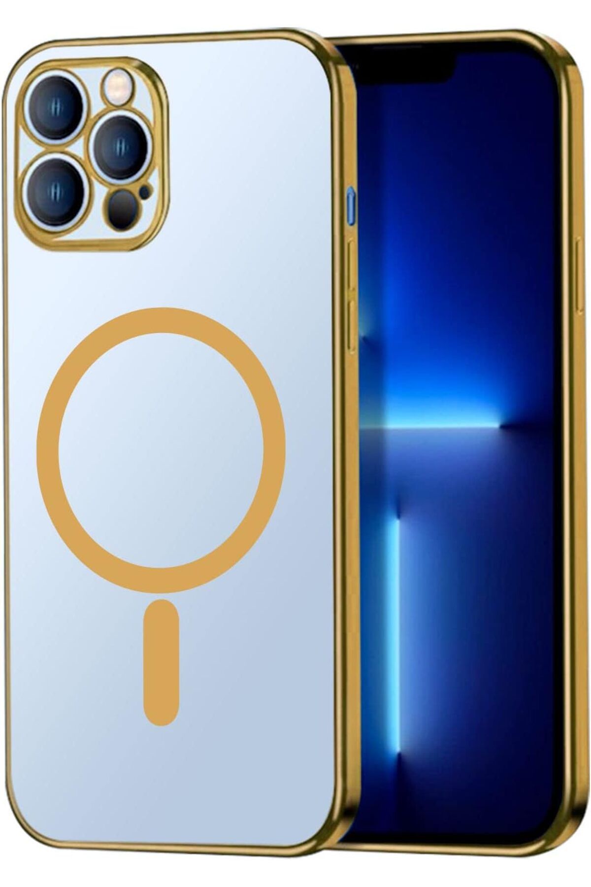 MEGOBİNE WHERE iPhone 13 uyumlu Renkli Kenarlı, Kamera Korumalı, MagSafe uyumlu Şeffaf Kılıf (Gold) ZTML