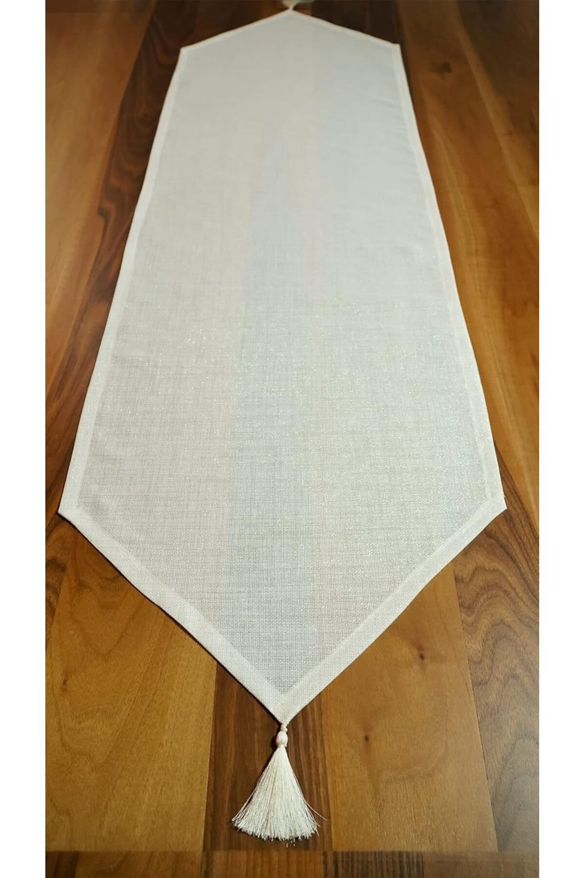 DERİK Eser Simli Keten Runner Püsküllü, Kırık Beyaz, 45x150cm DRK 1107872