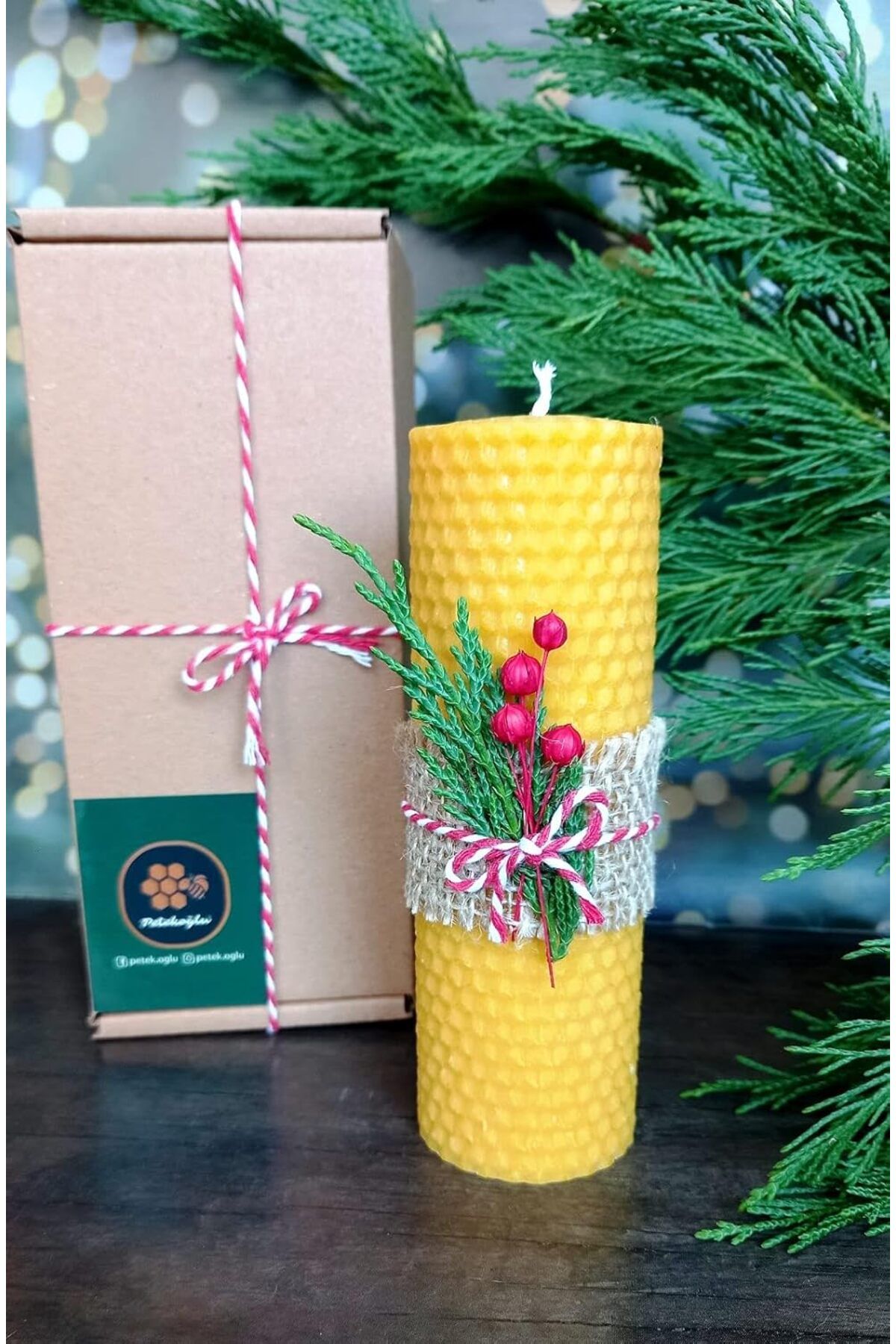 DERİK Eser Dekoratif Doğal Petek Balmumu Mum 14Cm x 4.5Cm Sarma Tek Blok Mum Kutulu Süslü Beeswax Candl