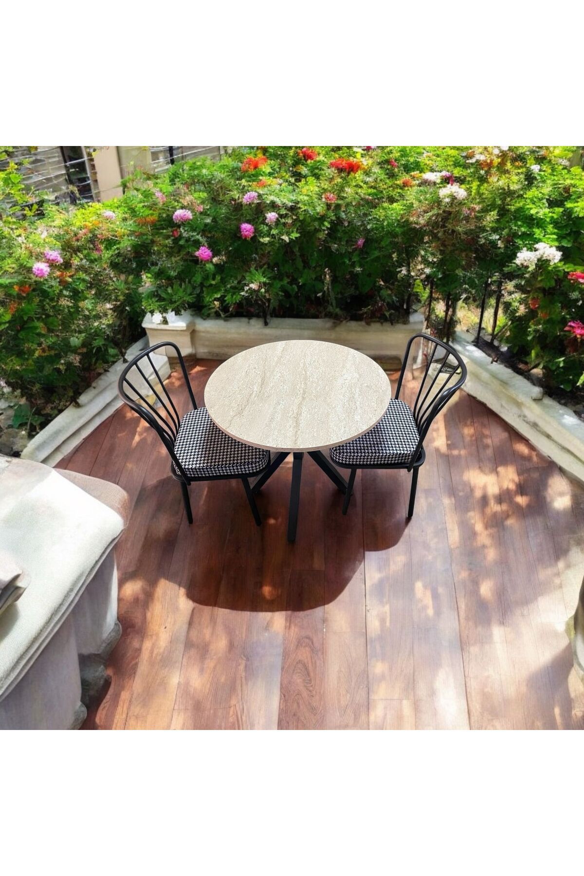 BAMBEDS MOBİLYA Bambeds Mobilya 70x70 Trevertan Yuvarlak Balkon Masa Ahtapot Ayak Güneş Sandalye 2 Adet