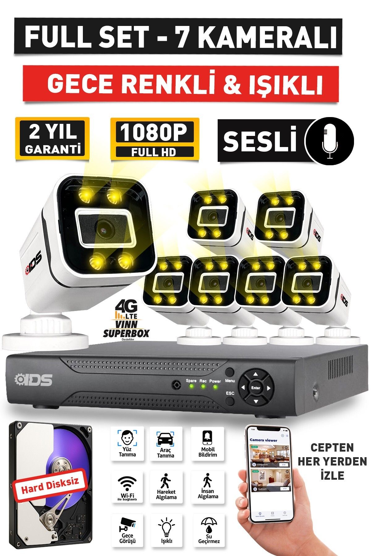 IDS SESLİ - 7 KAMERALI FULLHD GECE RENKLİ VE IŞIKLI GÜVENLİK KAMERASI - KAMERA SETİ HARD DİSKSİZ