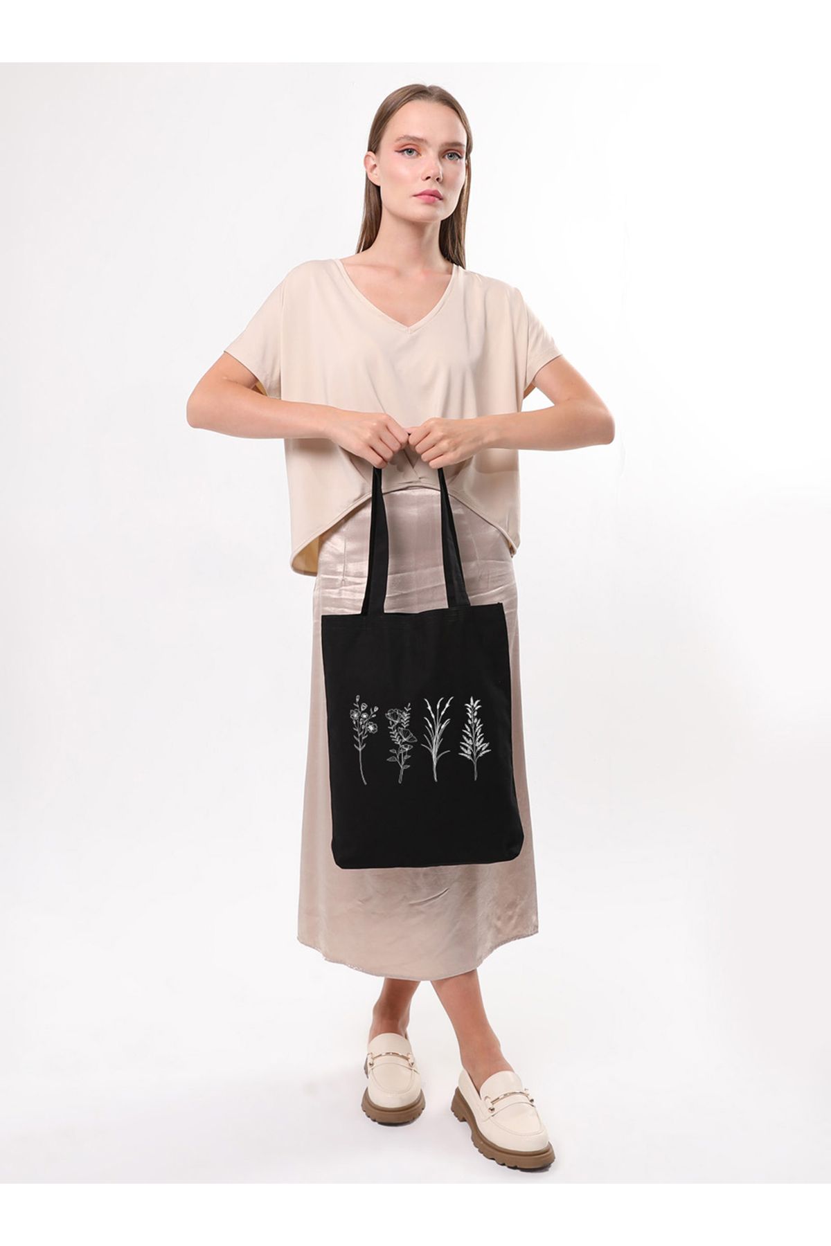 Çınar Bez Çanta Geantă Tote Din Pânză Cu 4 Ramuri Cu Model Floral Negru Femeie - One Size