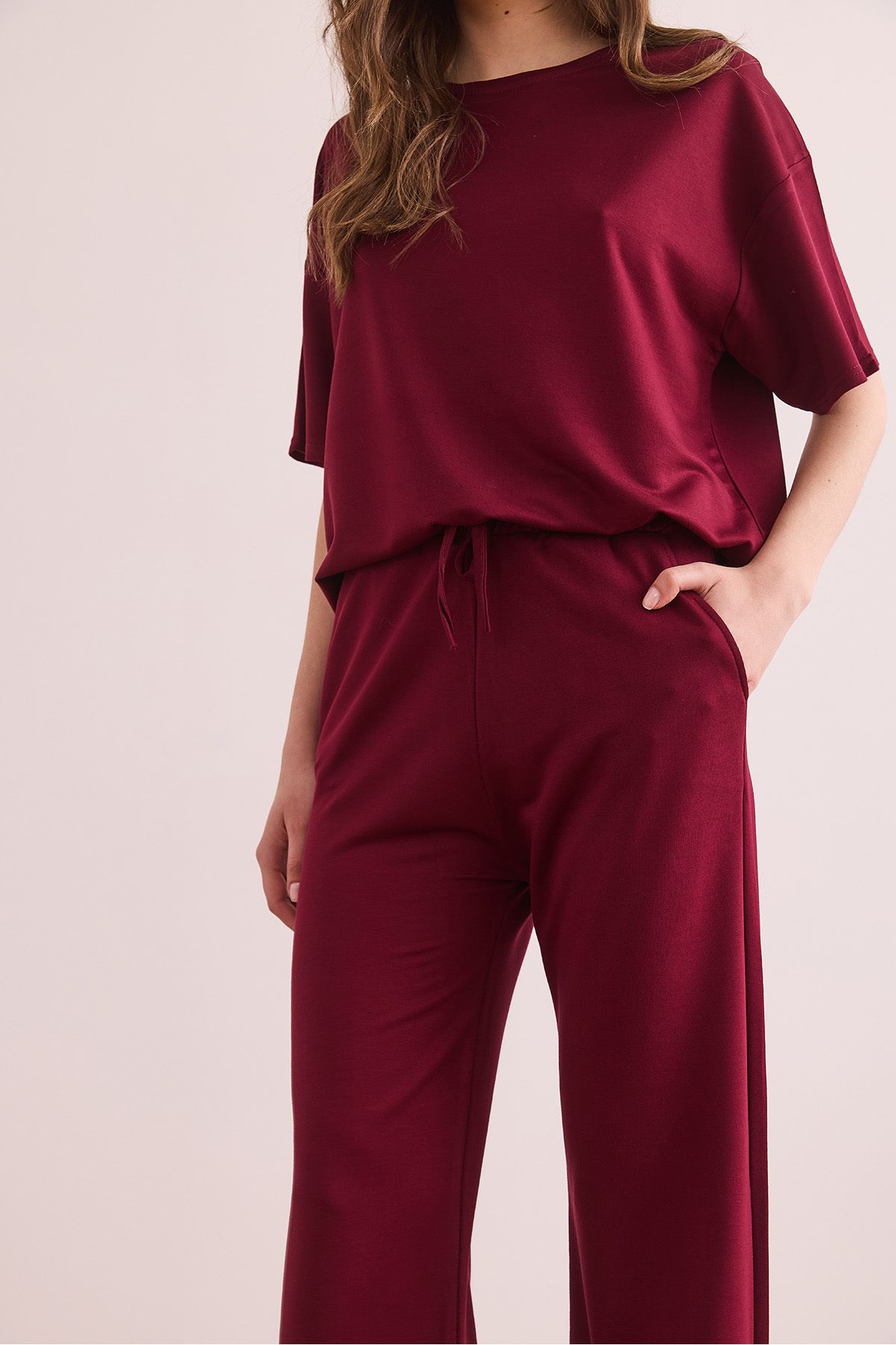 Olalook-Women's Burgundy Bottom Pocket Trousers Top T-Shirt Set Tkm- 19000374 7