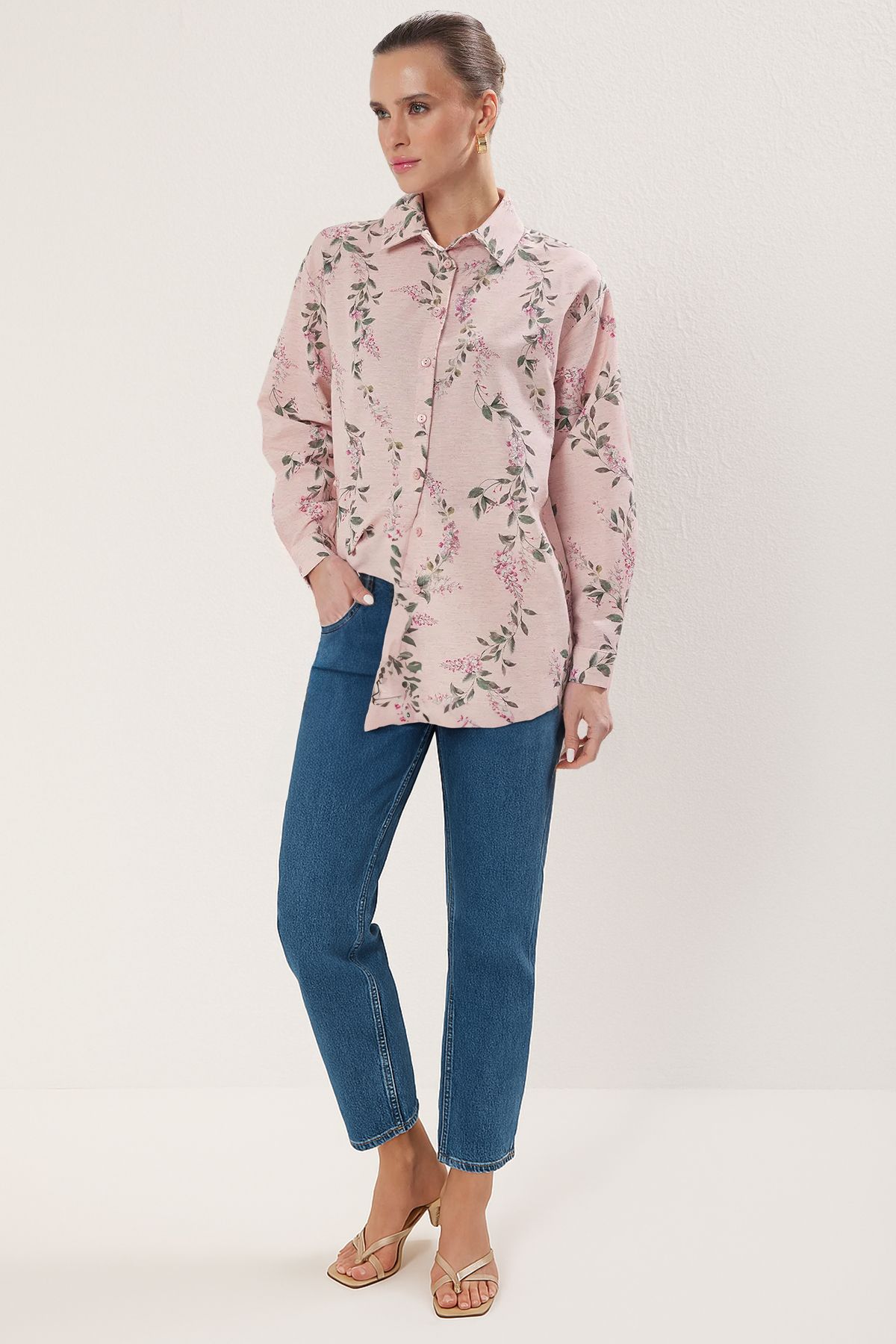 Trendyol Modest Różowa, Kwiatowa, Lniana Koszula Tkana Kobieta - 42