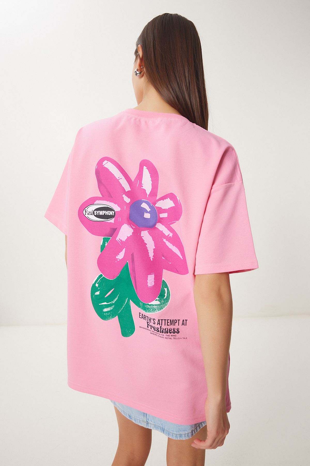 Happiness İstanbul Damska Różowa, Kwiatowa, Dzianinowa, Oversize'owa Koszulka T-shirt Kobieta - 42