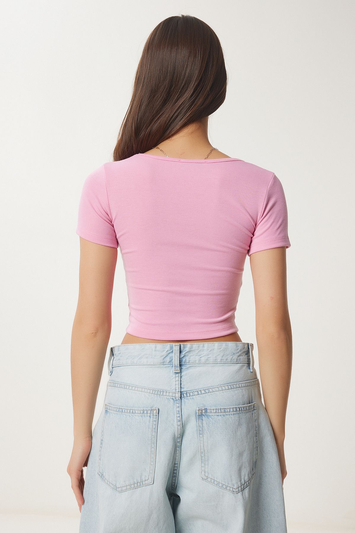 Happiness İstanbul-Rosa Basic Crop Strickbluse für Damen FW00007 5