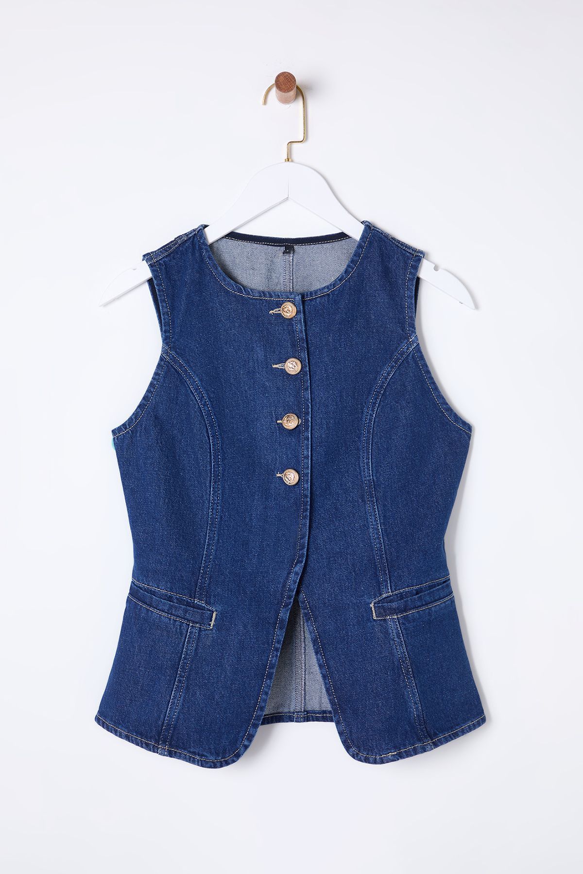 Trendyol Collection-Dark Blue More Sustainable Gold Buttoned Stitching Detailed Denim Vest Twoss25Ye00001 6