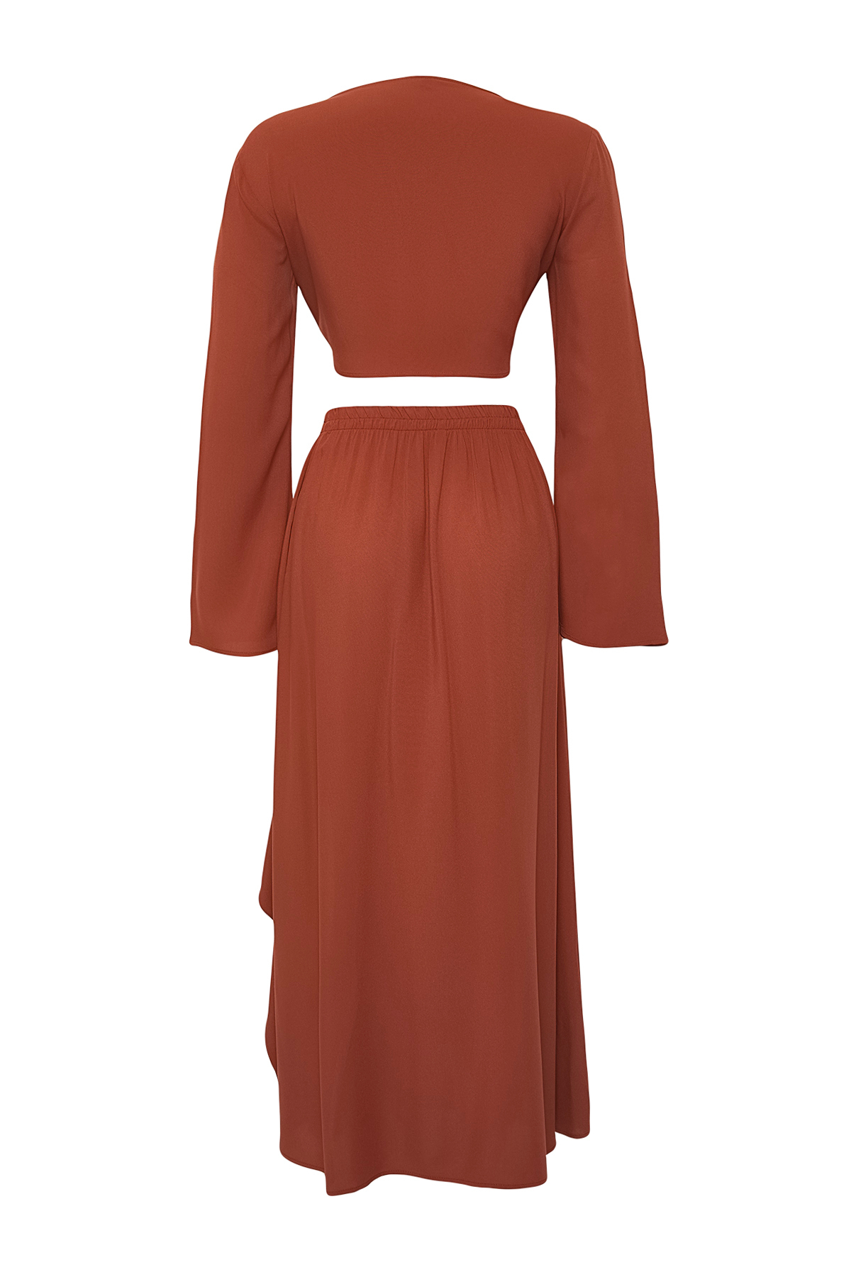 Trendyolmilla  Kahverengi Dokuma Yırtmaçlı Plaj Bluz-Etek Takım TBESS25AU00090 - Görsel 6