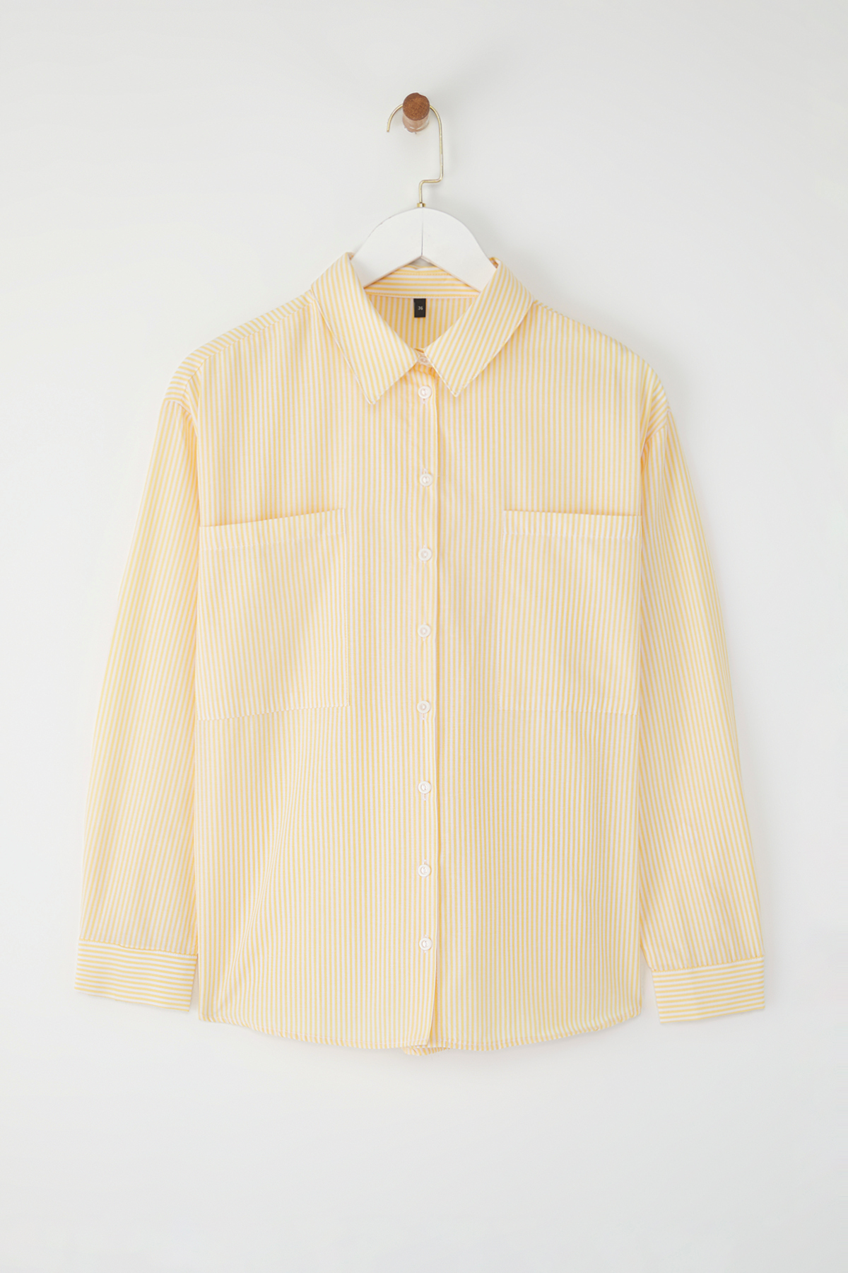 Trendyolmilla  Sarı Çizgili Oversize Geniş Kalıp Dokuma Gömlek TWOAW23GO00359 - Görsel 5