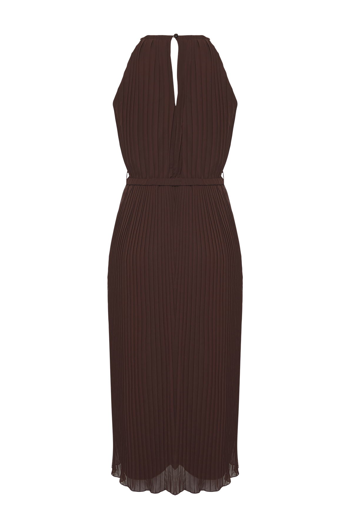 Trendyolmilla  Kahverengi Kemerli Piliseli Şifon Uçuş Uçuş Dokuma Midi Elbise TWOSS25EL00573 - Görsel 6