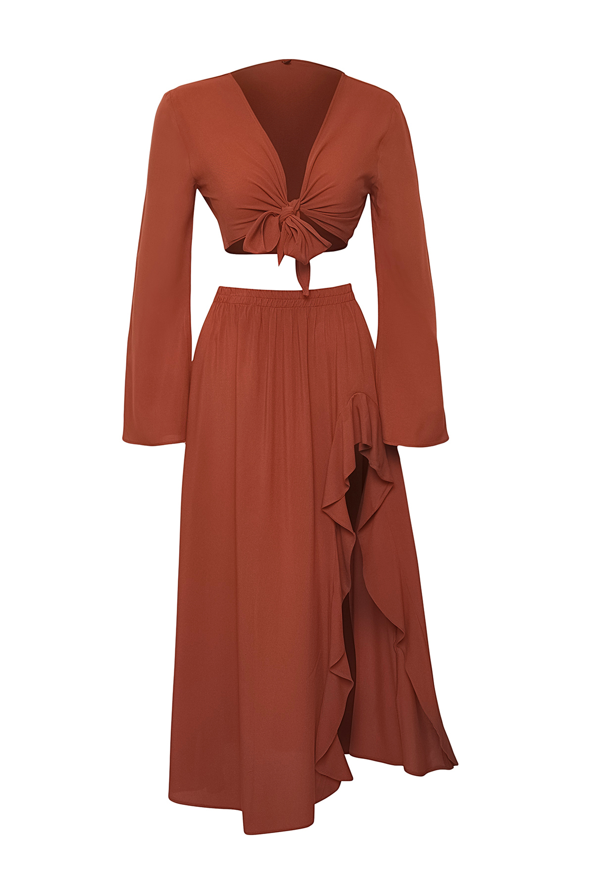 Trendyolmilla  Kahverengi Dokuma Yırtmaçlı Plaj Bluz-Etek Takım TBESS25AU00090 - Görsel 5