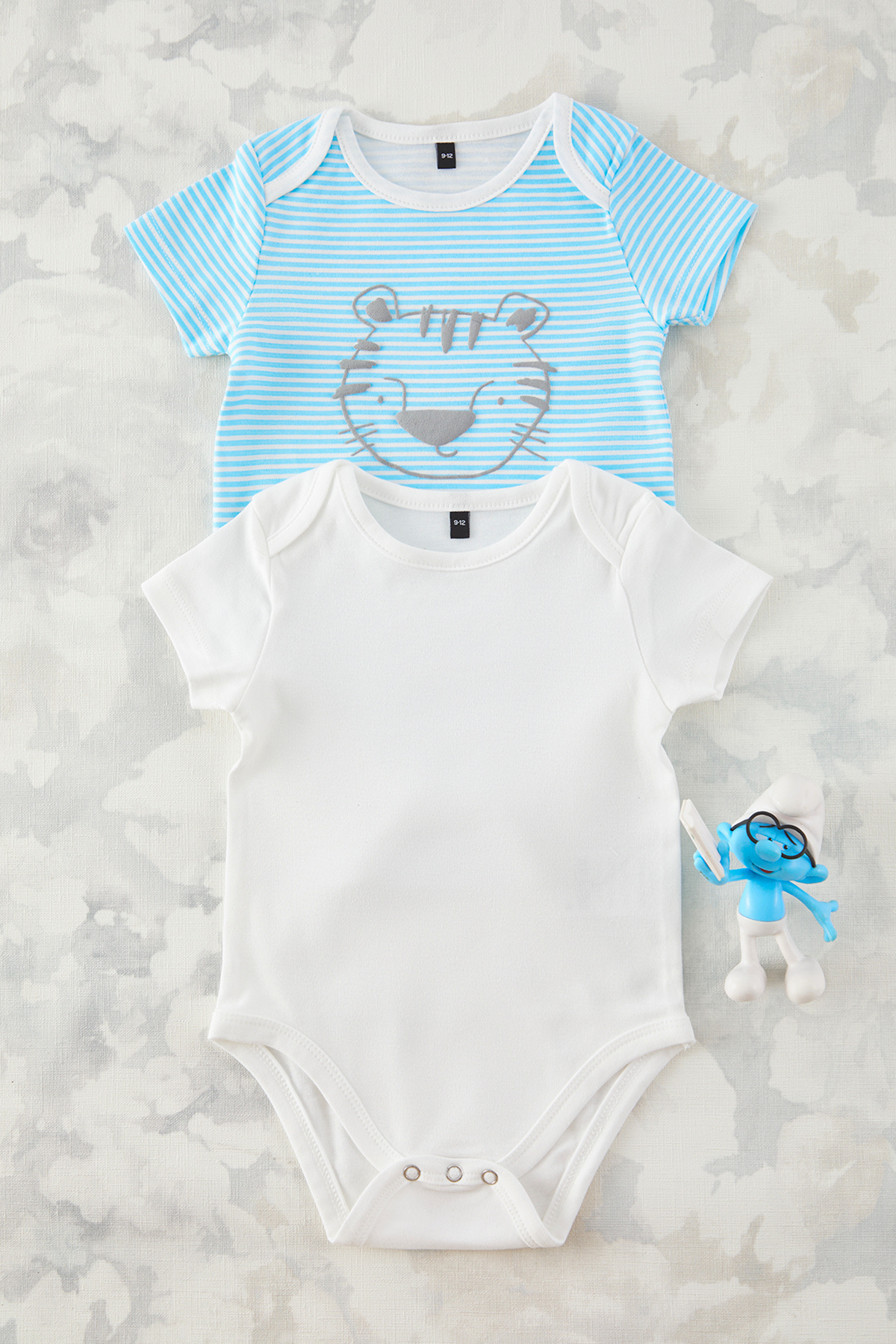 TRENDYOLKIDS-Ecru-Blue 2-Piece Baby Boy 100% Cotton Striped-Solid Short Sleeve Snap Fastener Bodysuit & Bodysuit Tkdss25Zo00013 2
