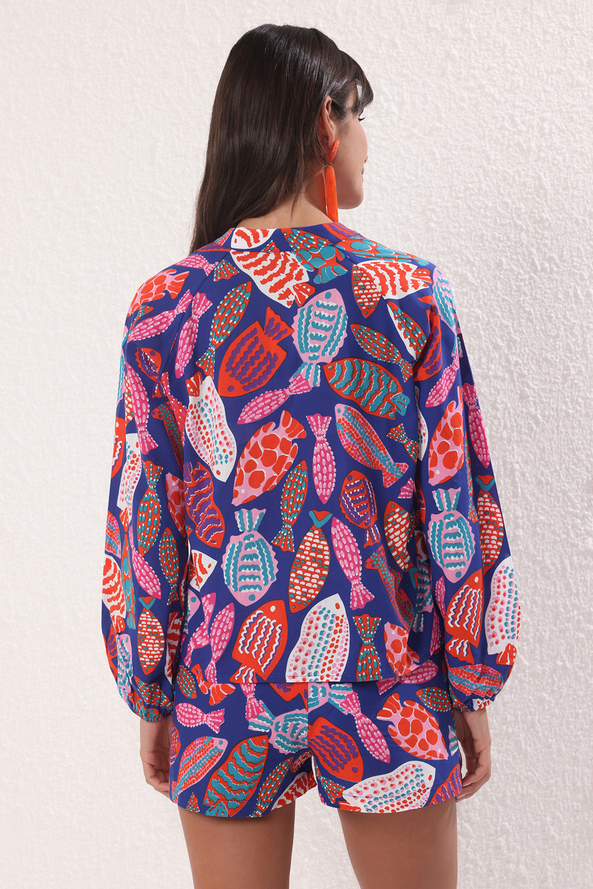 Trendyolmilla  Balık Desenli Dokuma %100 Pamuk Plaj Gömlek-Şort Takım TBESS25AU00077 - Görsel 4