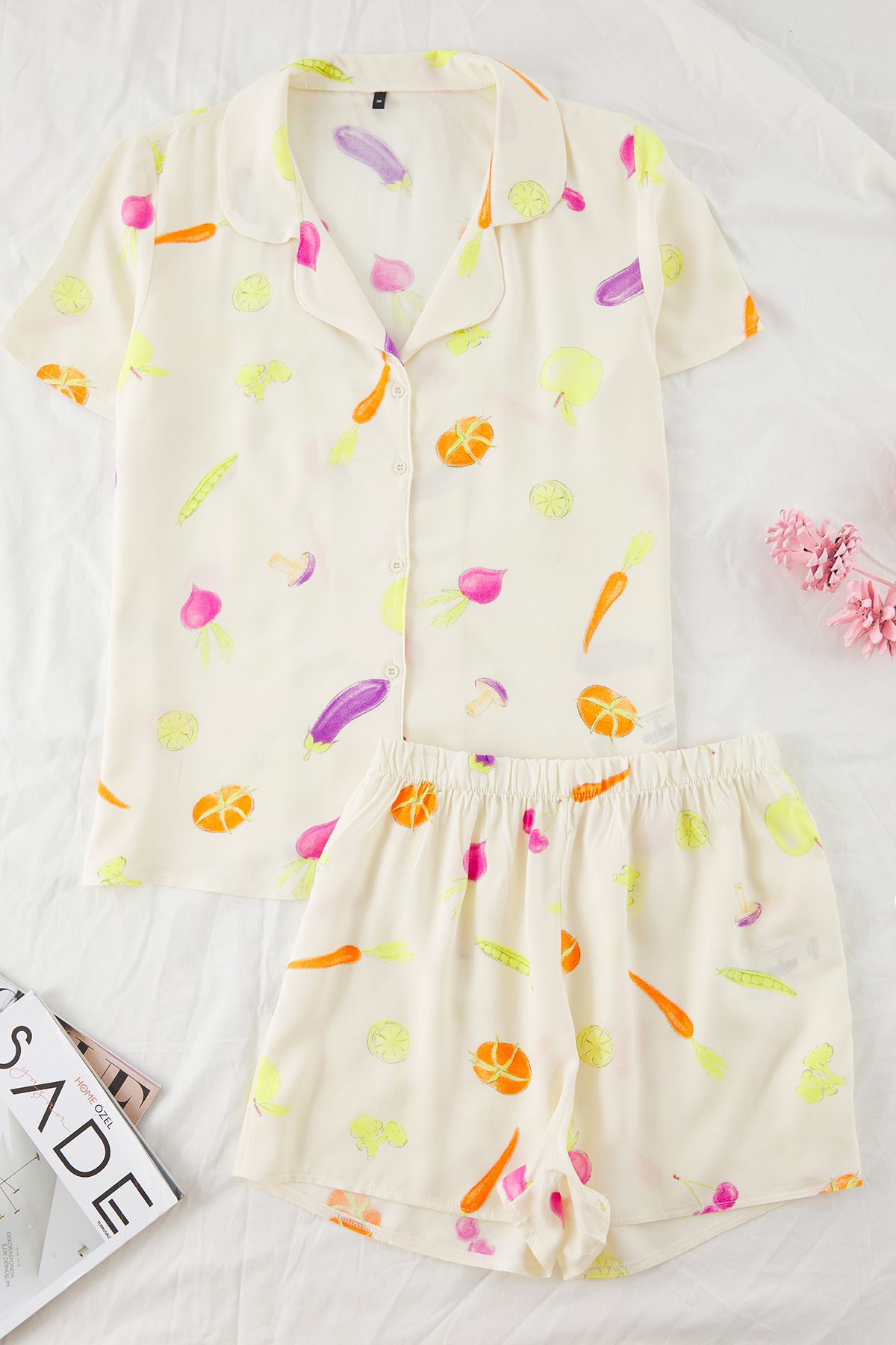 Trendyol Collection-Ecru Vegetable Patterned Viscose Woven Pajamas Set with Shorts Thmss25Pt00271 6