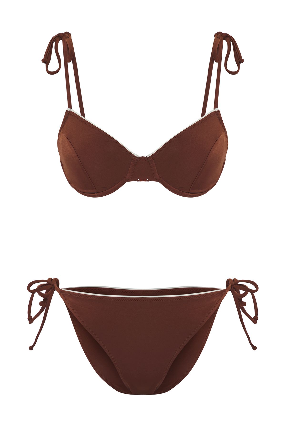 Trendyol Collection-Braunes Balconette-Bikini-Set mit kontrastierenden Paspeln und regulärem, weisem, schönem Bikini-Set 6