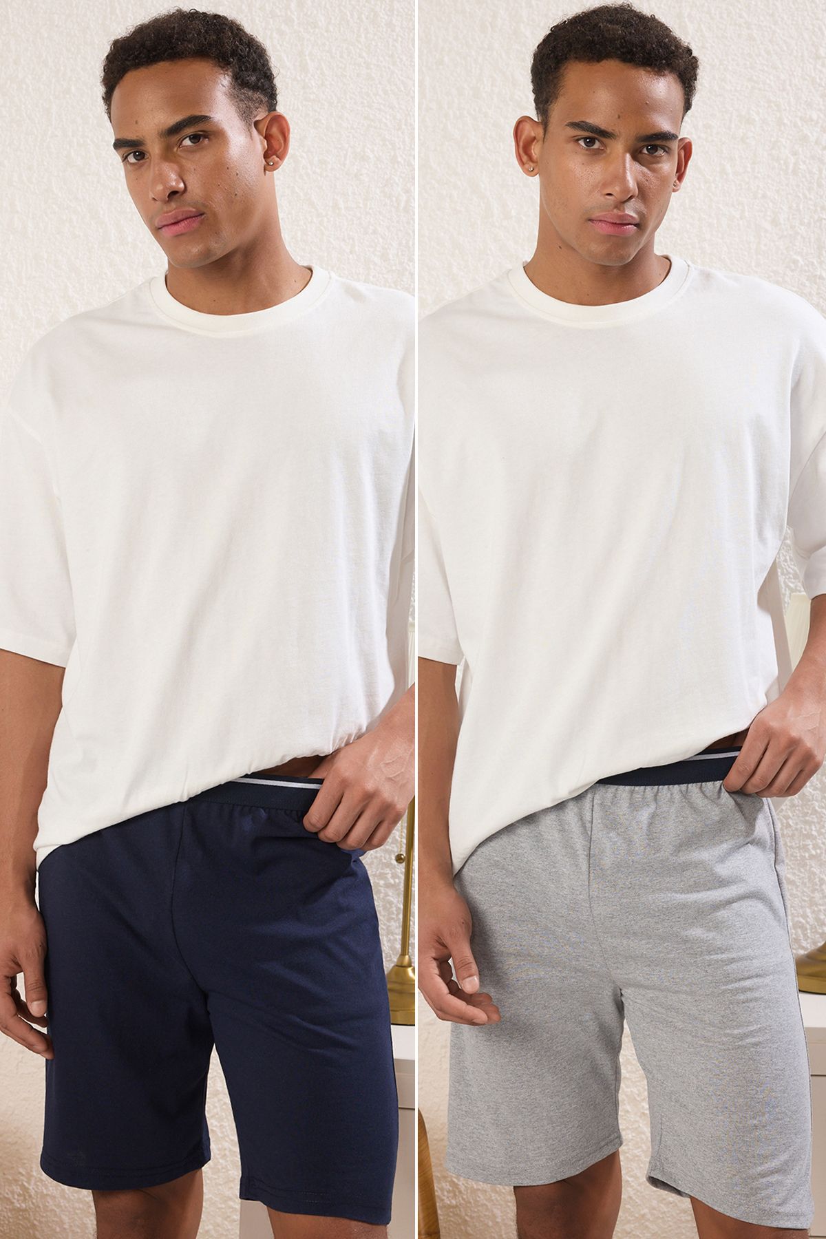Trendyol Collection Granatowo-szare, Dzianinowe, Dwuczęściowe, Regularne Szorty Tmnss25sr00045 Mężczyzna - L