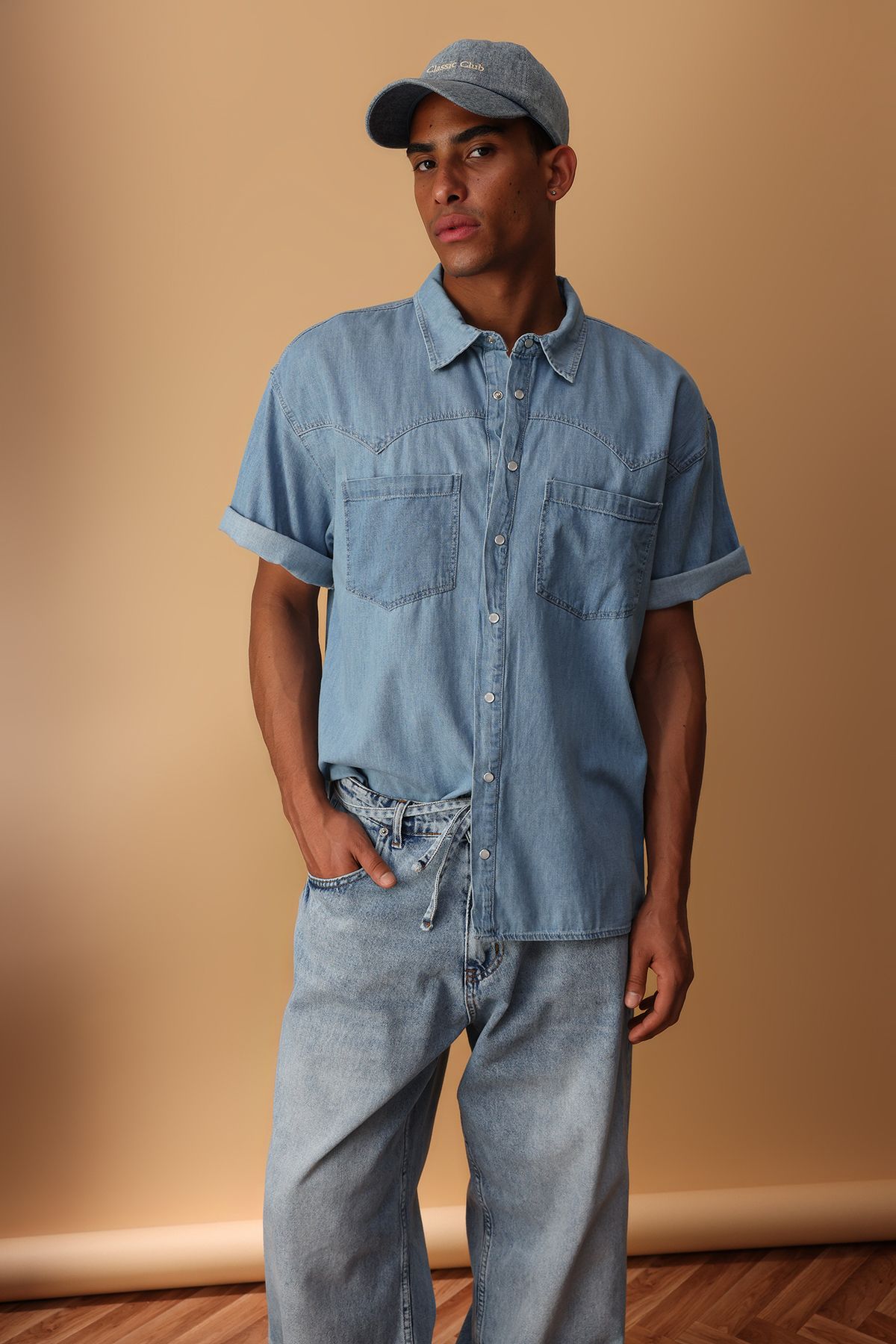 Trendyol Collection-Blue Wide Fit Short Sleeve Western Denim Jeans Shirt Tmnss25Go00046 2