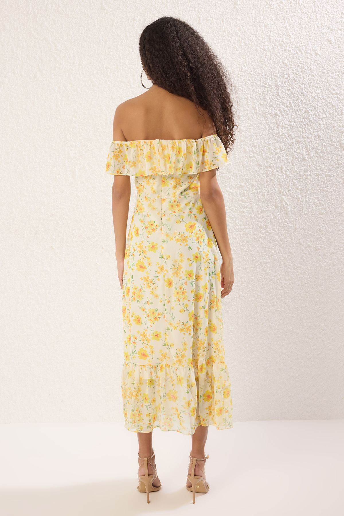 Trendyol Collection-Sárga virágos szoknya derék fodros sifon repülő repülő szőtt midi ruha TWOSS25EL00278 4