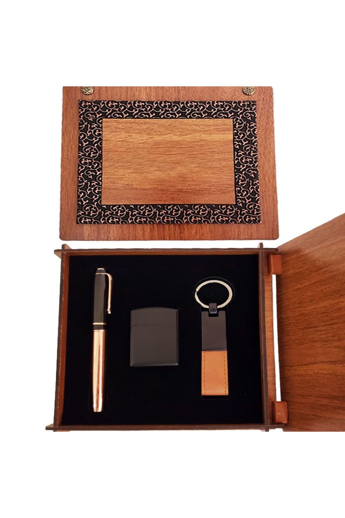 SAVA HOME COLLECTİON Ahşap Kutulu Bakır Roller Kalem Taba Renk Anahtarlık ve Çakmak Set