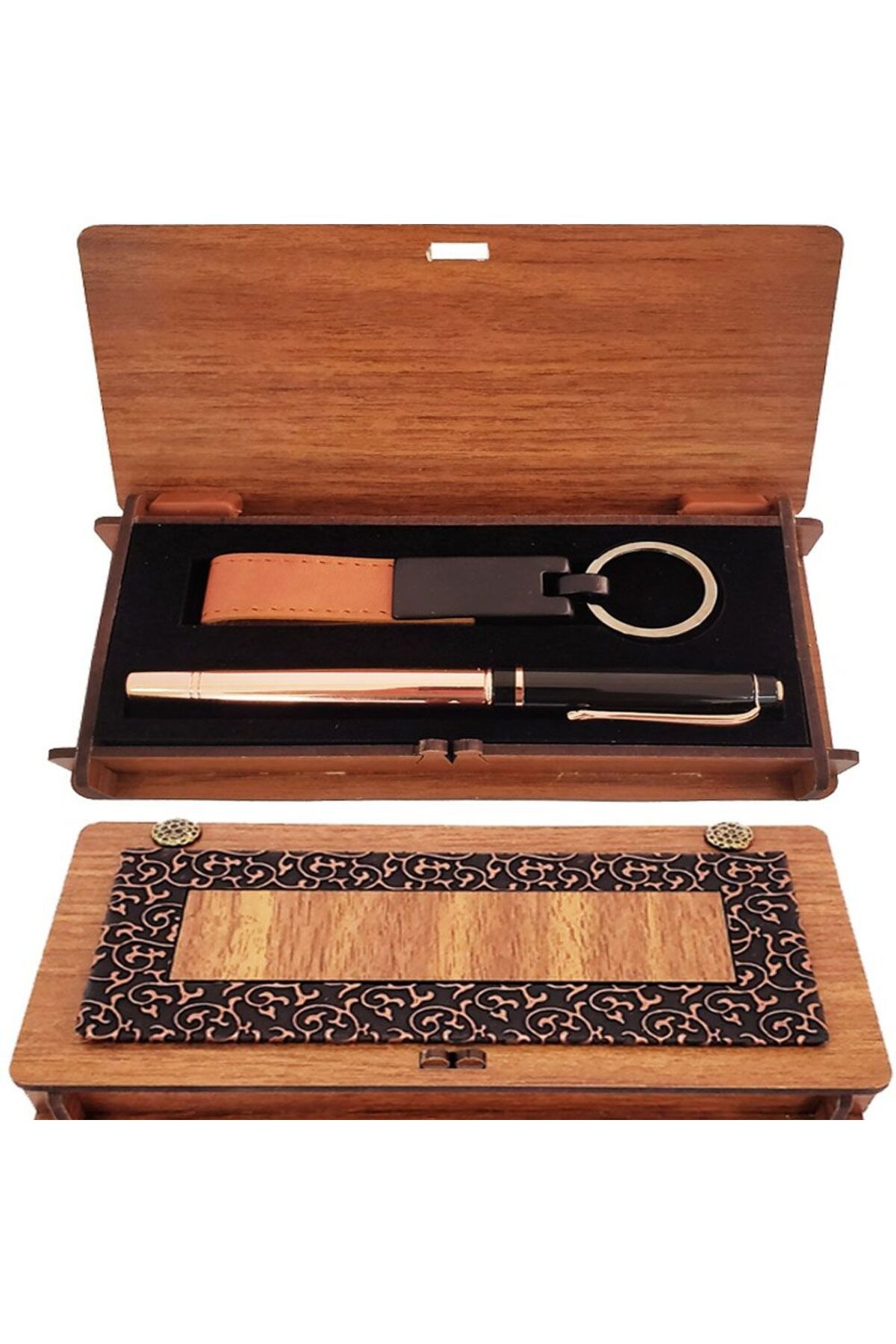 SAVA HOME COLLECTİON Ahşap Kutulu Bakır Roller Kalem ve Taba Anahtarlık Set