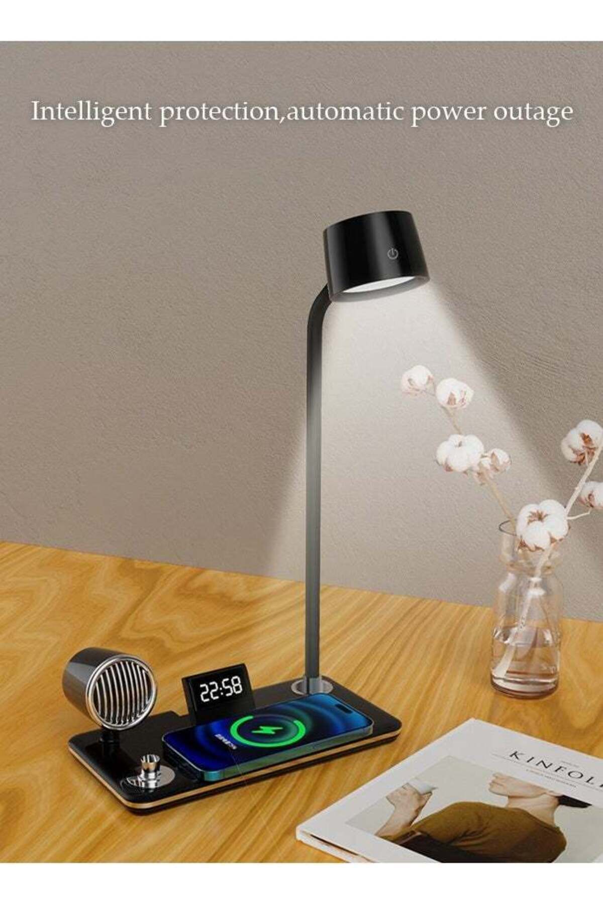 Generic-مصباح مكتب LED بثلاثة أوضاع، تعتيم باللمس مع شحن لاسلكي سريع 10 وات/15 وات، ومكبر صوت بلوتوث و 1